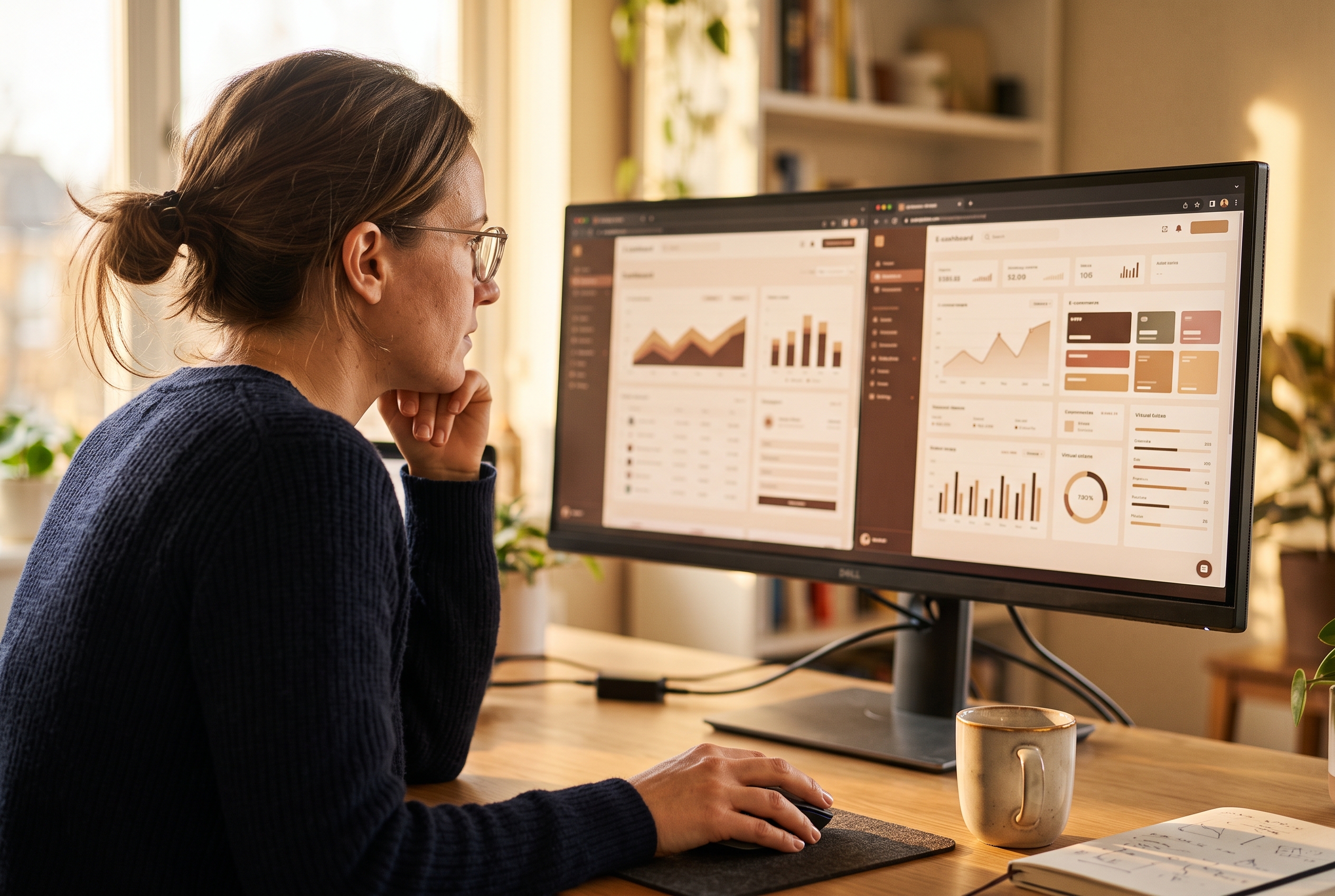 Founder comparing two ecommerce dashboards on a wide monitor in a sunlit home office at golden hour