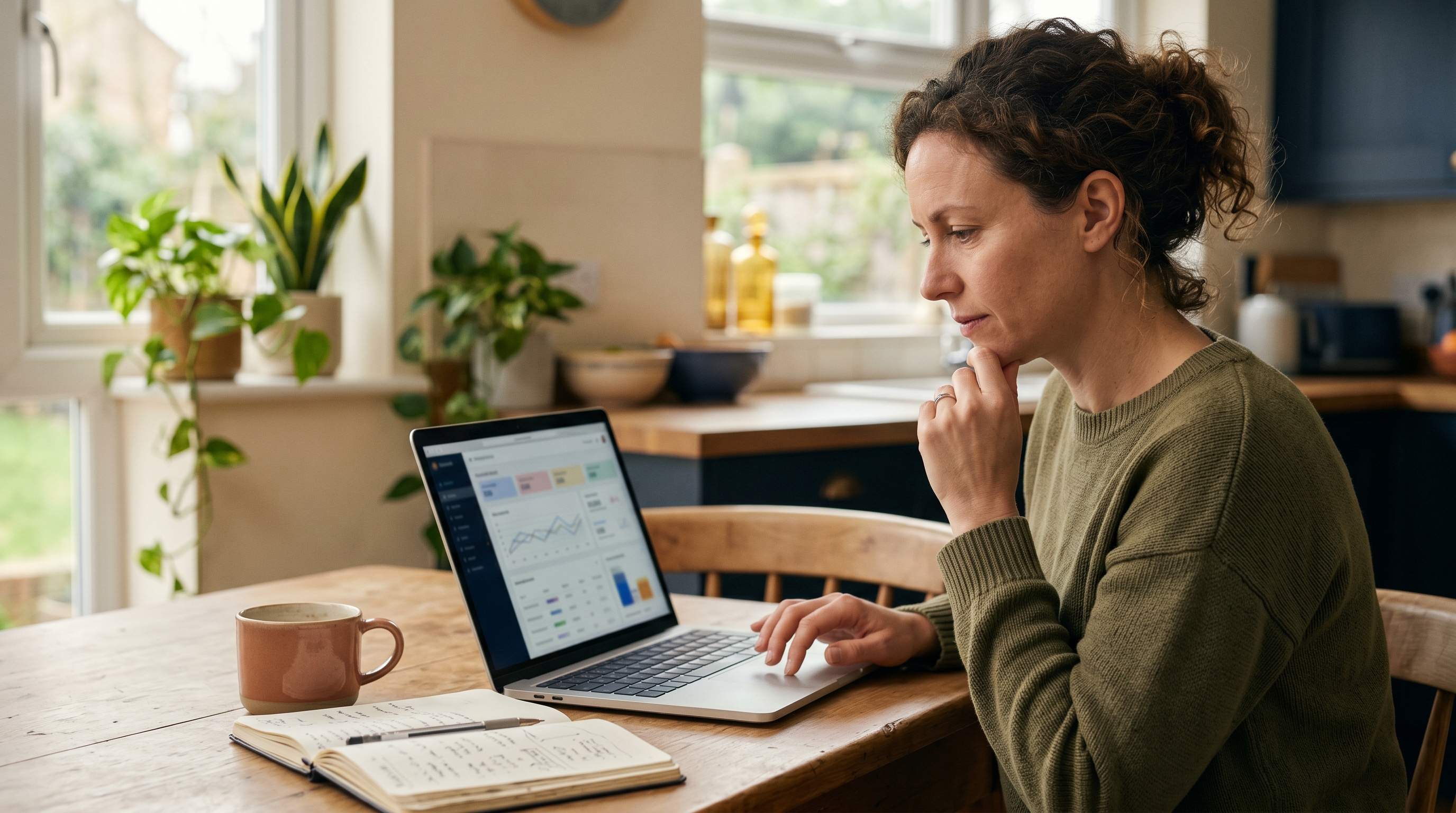 Small business owner reviewing store costs on a laptop at a kitchen table with a coffee mug and notebook