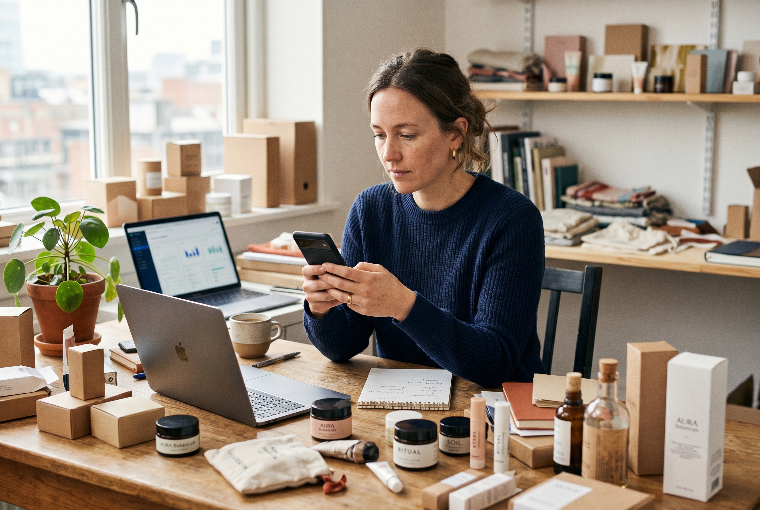 Founder comparing monthly subscription invoices on a phone while sitting at a desk surrounded by product samples