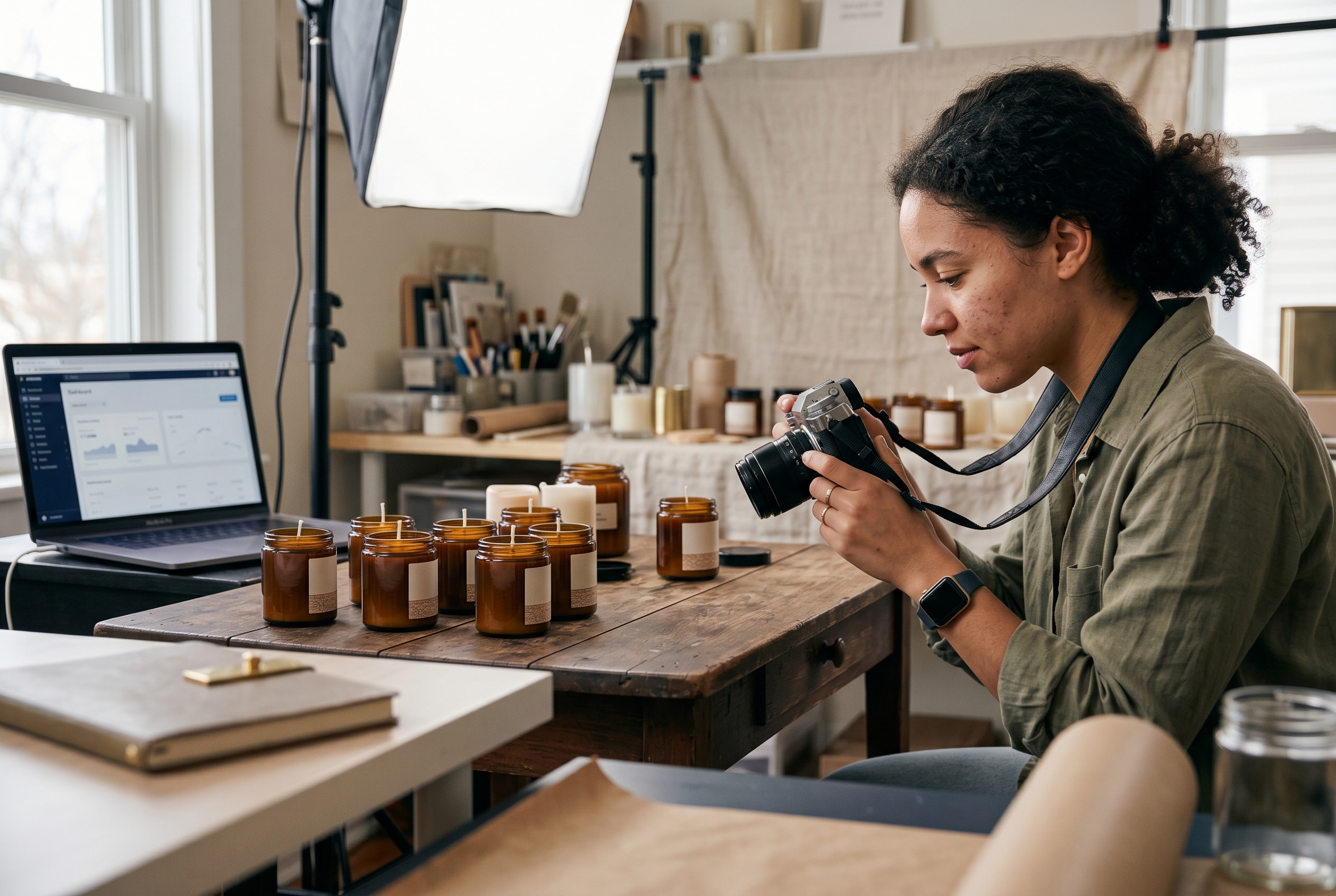 New store owner photographing handmade candles on a wooden table with a softbox light in a home studio