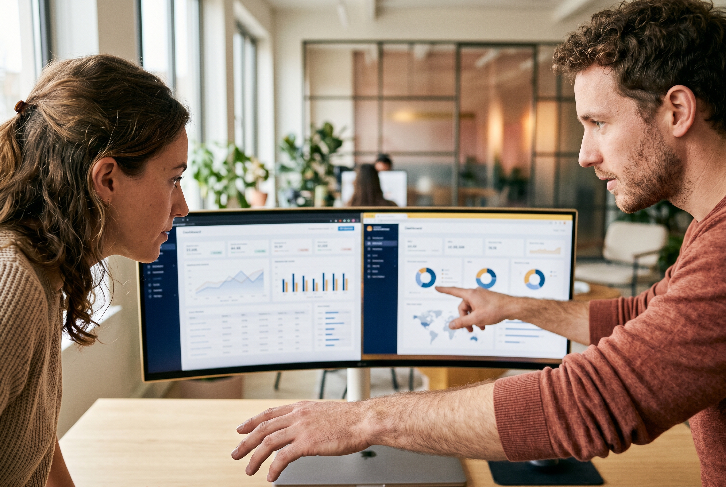 Two founders comparing two store dashboards side by side on a wide monitor in a bright modern office