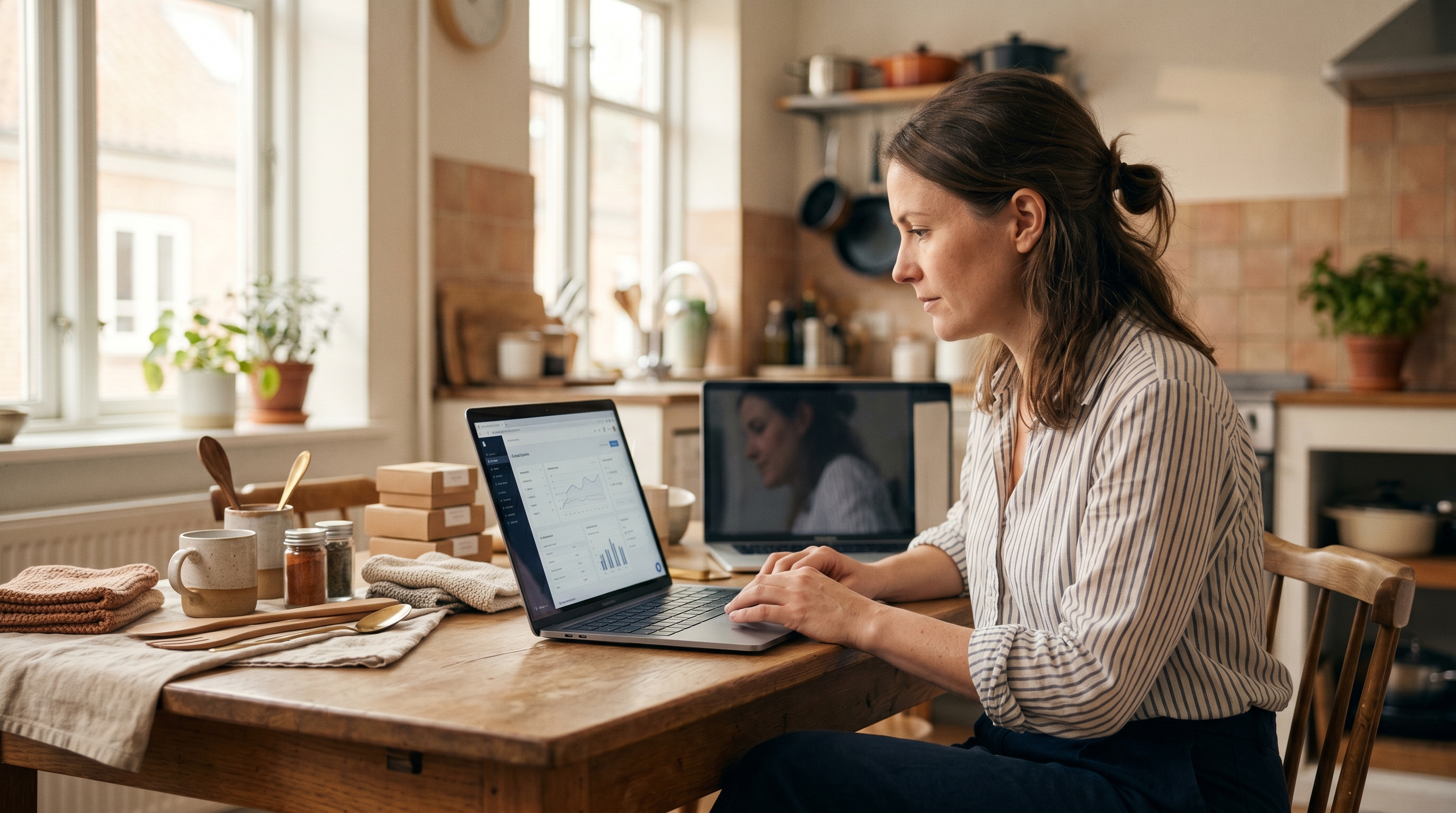 Small business owner setting up an online store on a laptop at a kitchen table with product samples nearby