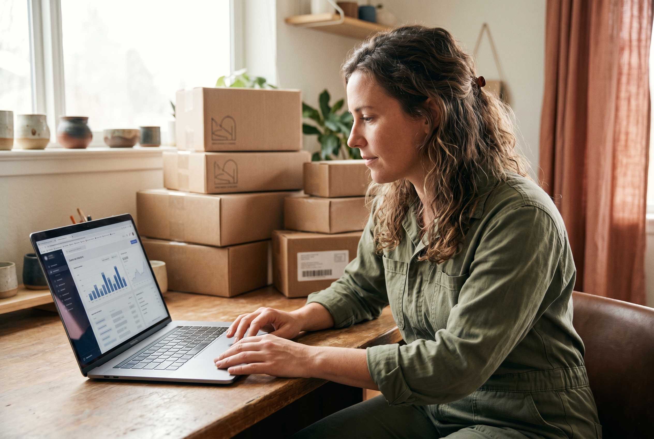 Founder reviewing store analytics on a laptop in a sunlit home office with shipping boxes stacked behind her