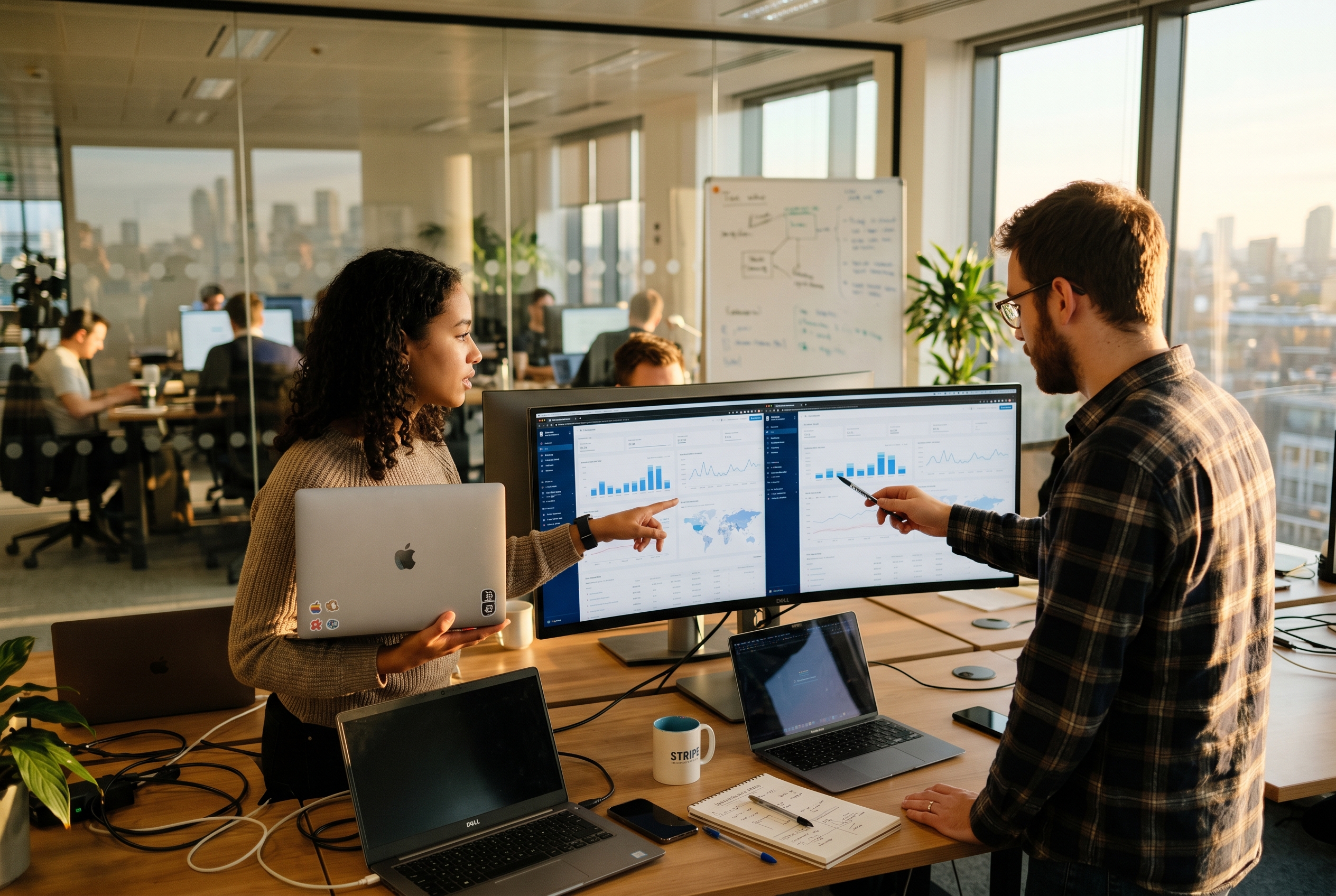Two people comparing two store dashboards side by side on a wide monitor in a modern office at golden hour