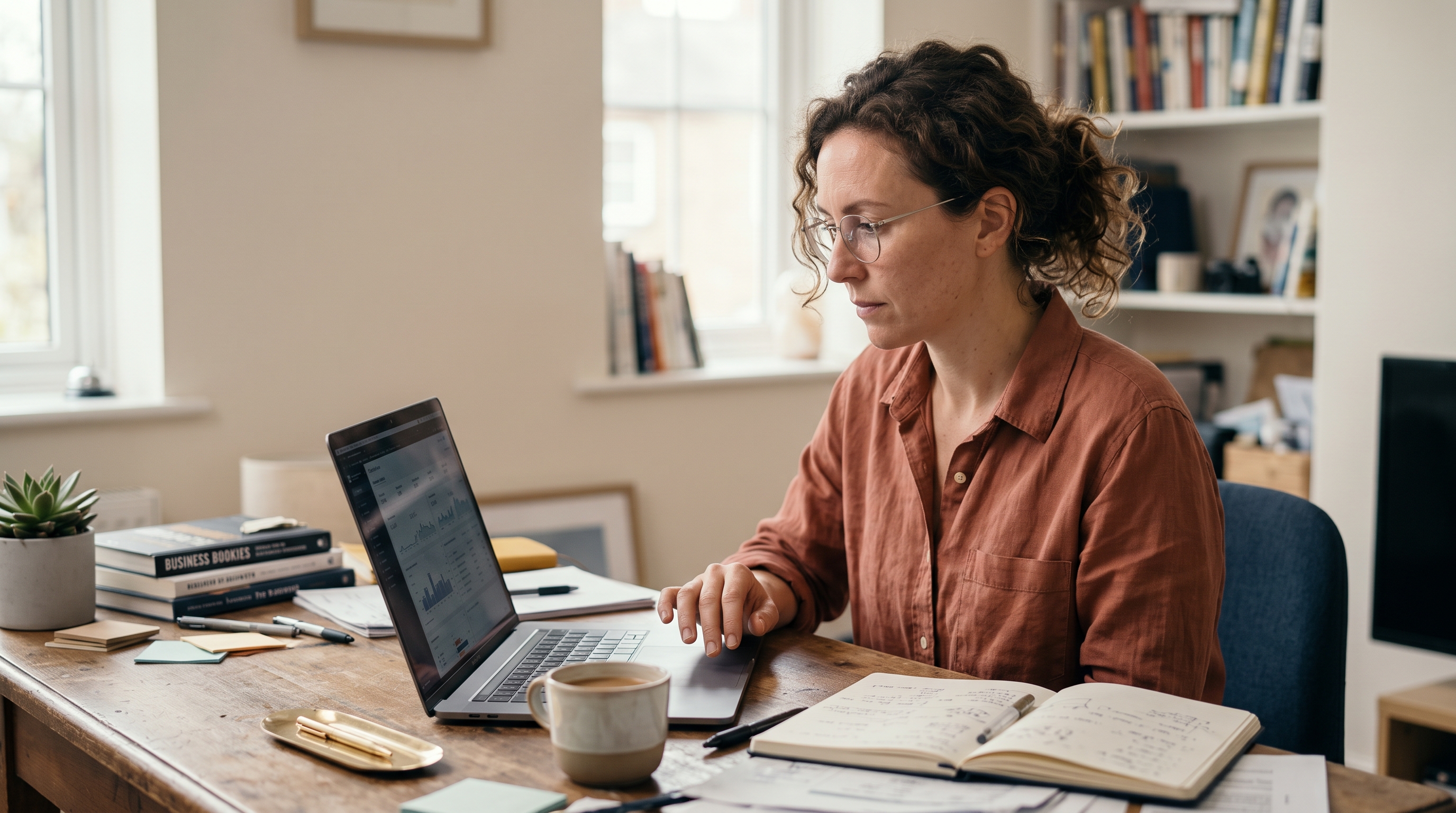 Small business owner reviewing website costs on a laptop at a cluttered home office desk with coffee and notebooks
