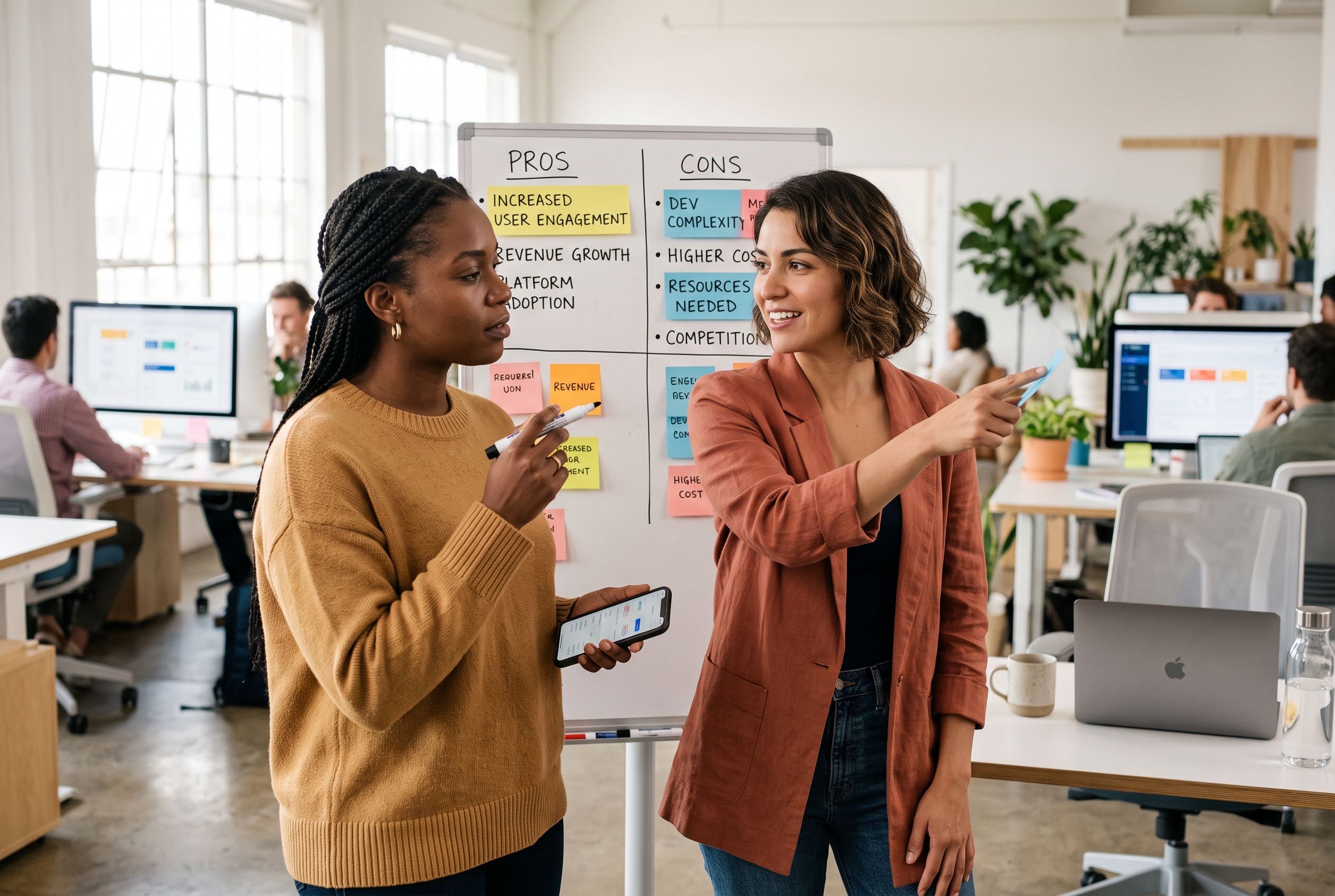 Two people comparing pros and cons on a whiteboard with sticky notes in a bright startup office