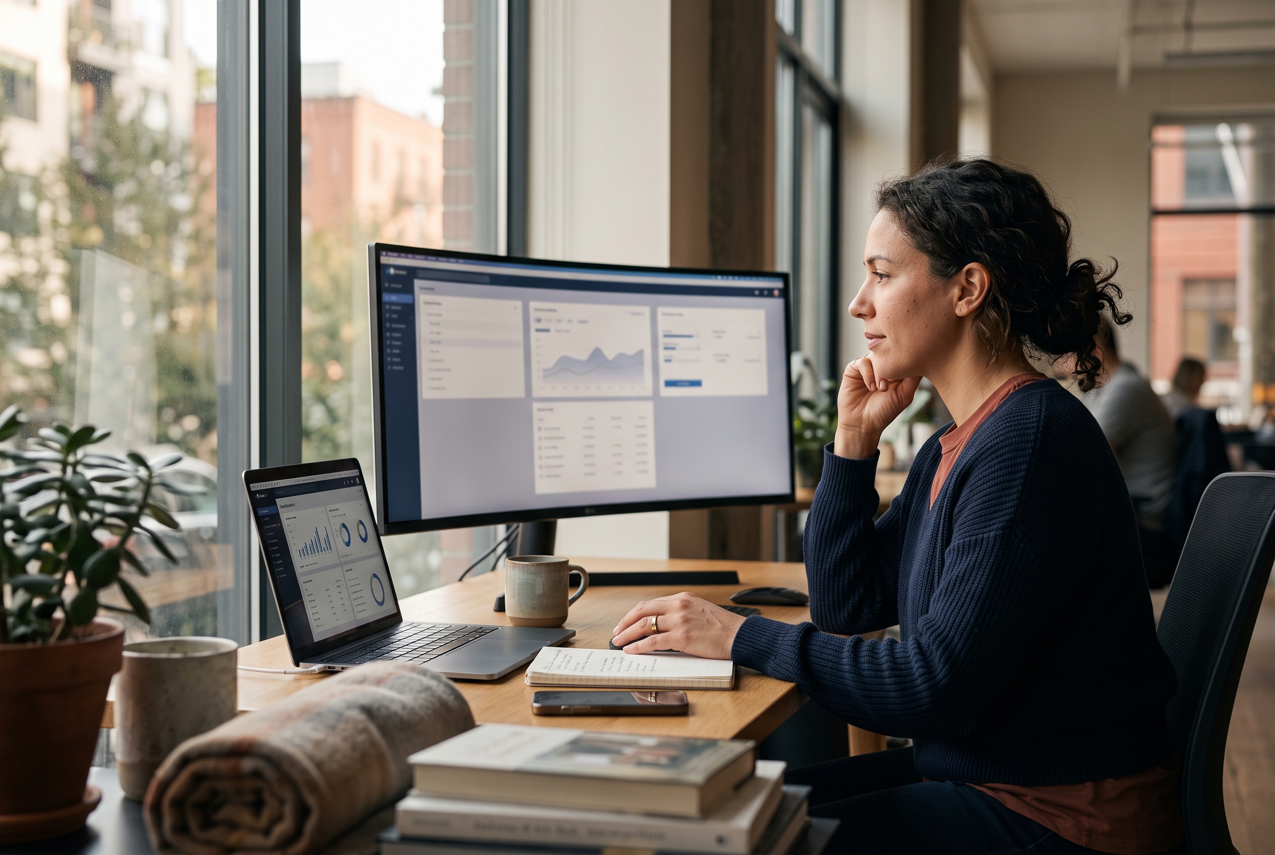 Founder comparing three platform options on a wide monitor at a desk near a window in the late afternoon