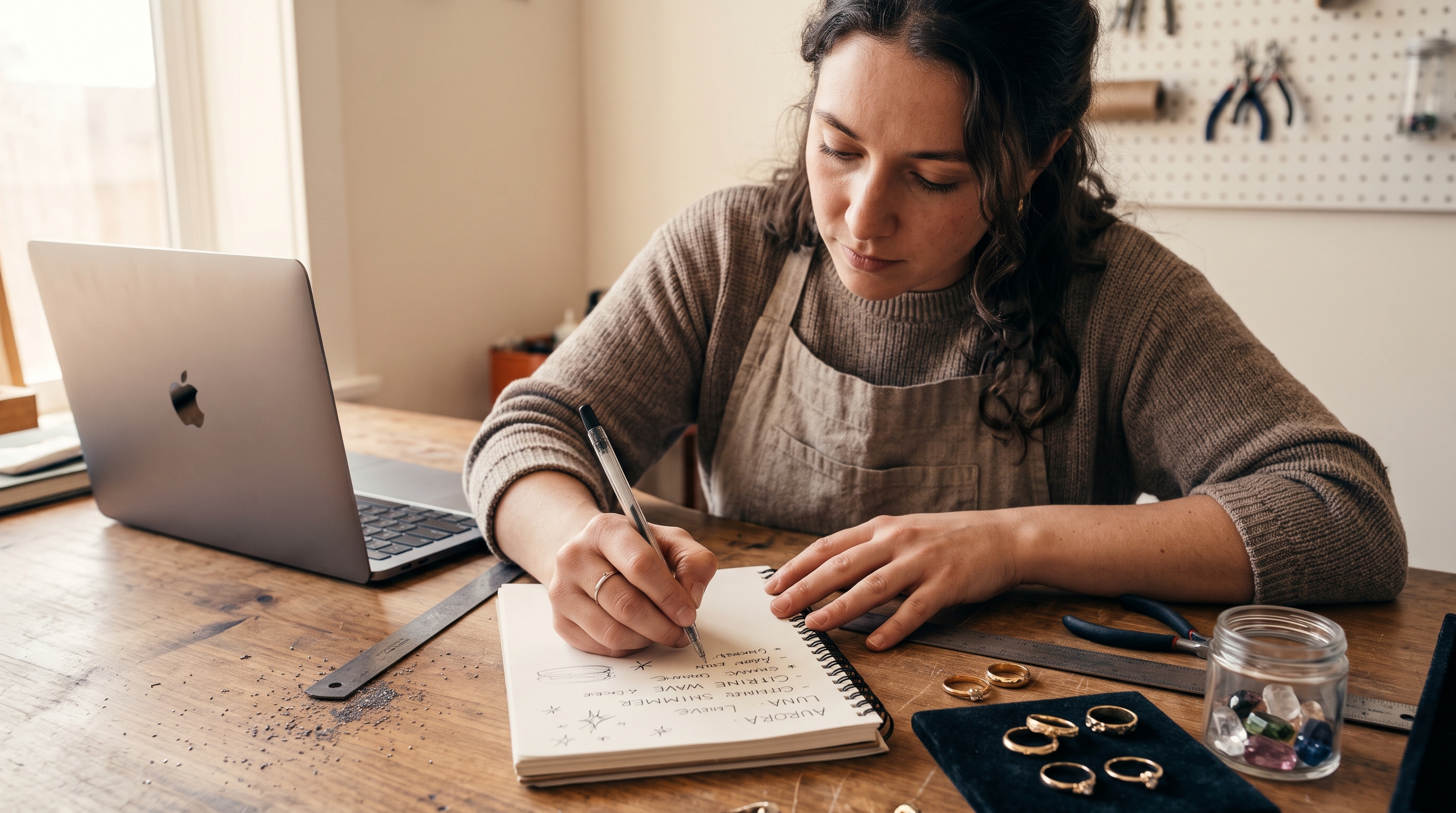 Jewelry designer writing name ideas on a notepad beside gold rings and loose gemstones on a wooden workbench