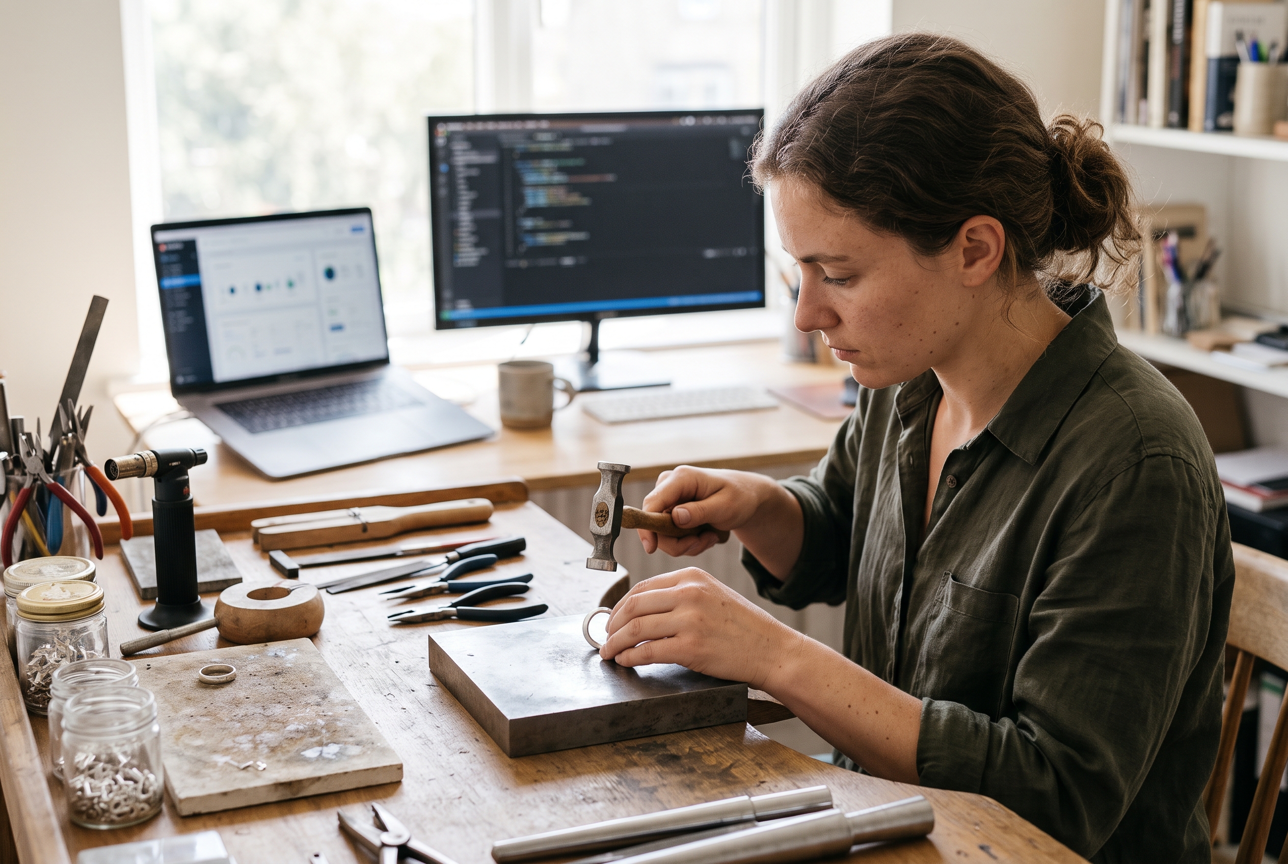 Artisan hammering a silver ring on a steel bench block in a bright home studio with tools laid out