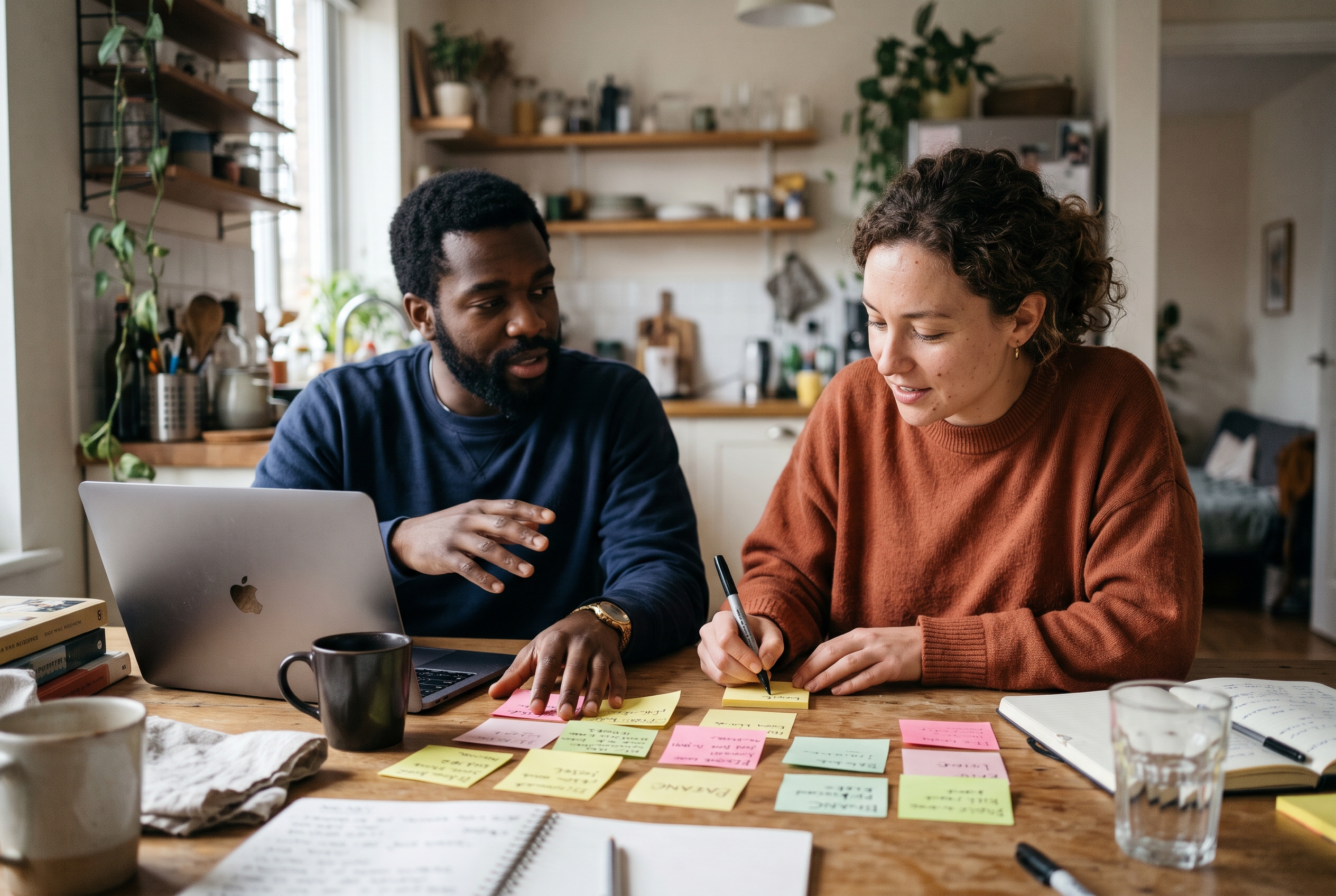 Two friends brainstorming brand names with sticky notes spread across a kitchen table next to a laptop and coffee