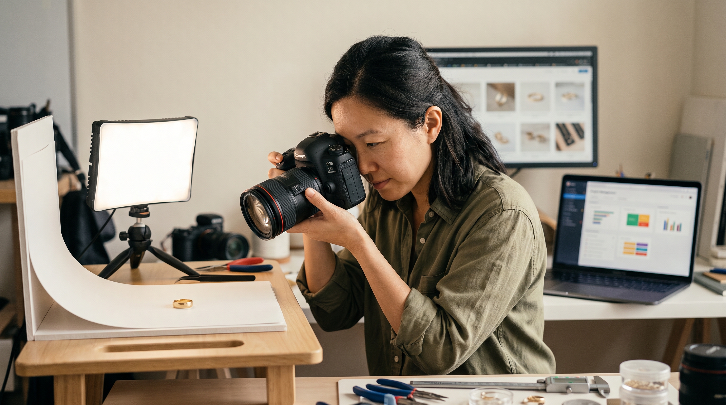 Jewelry maker photographing a gold ring on a small tabletop set with a softbox light and white sweep