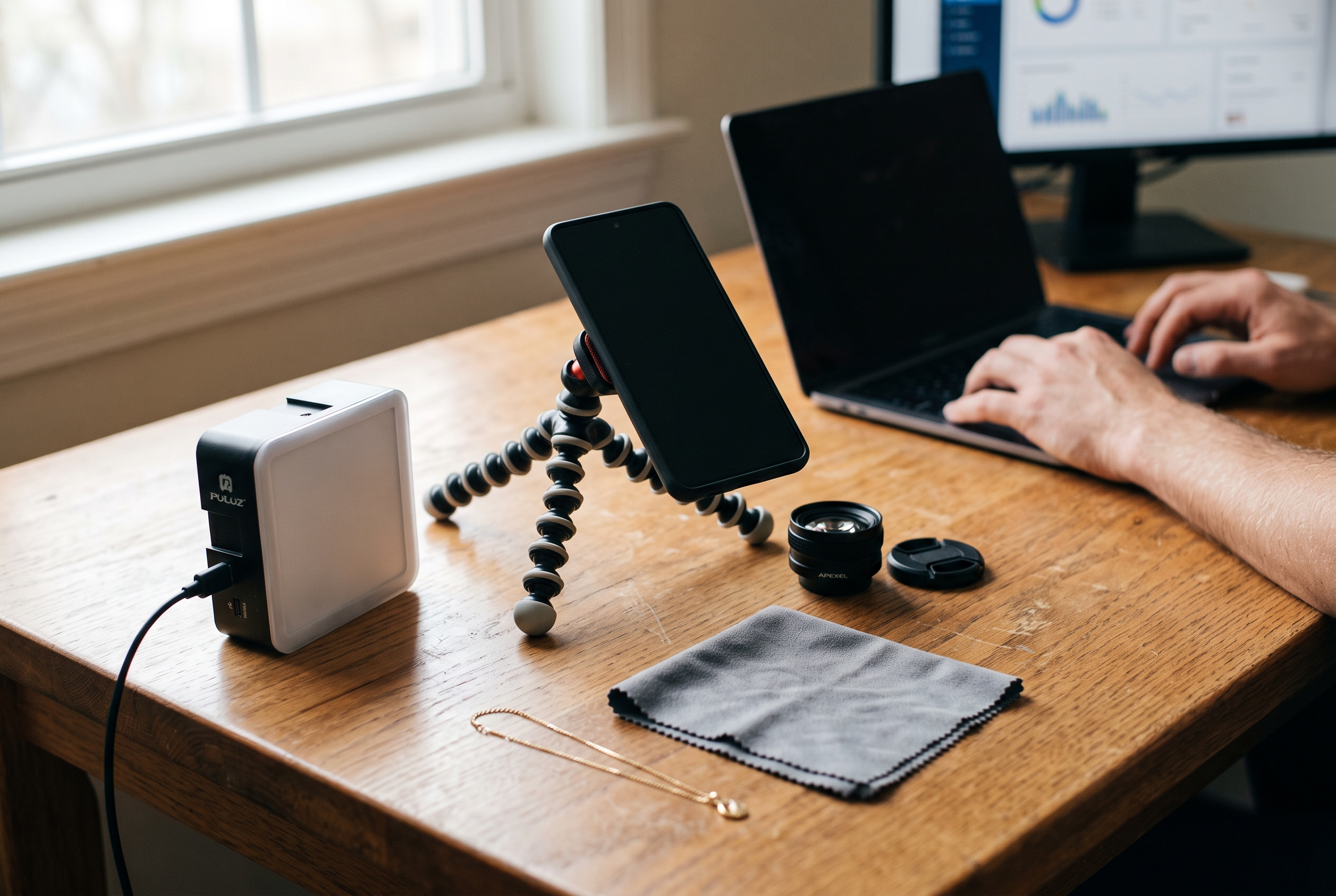 Flat lay of a smartphone on a tripod, a small lightbox, a macro clip lens and jewelry cleaning cloth on a wooden table