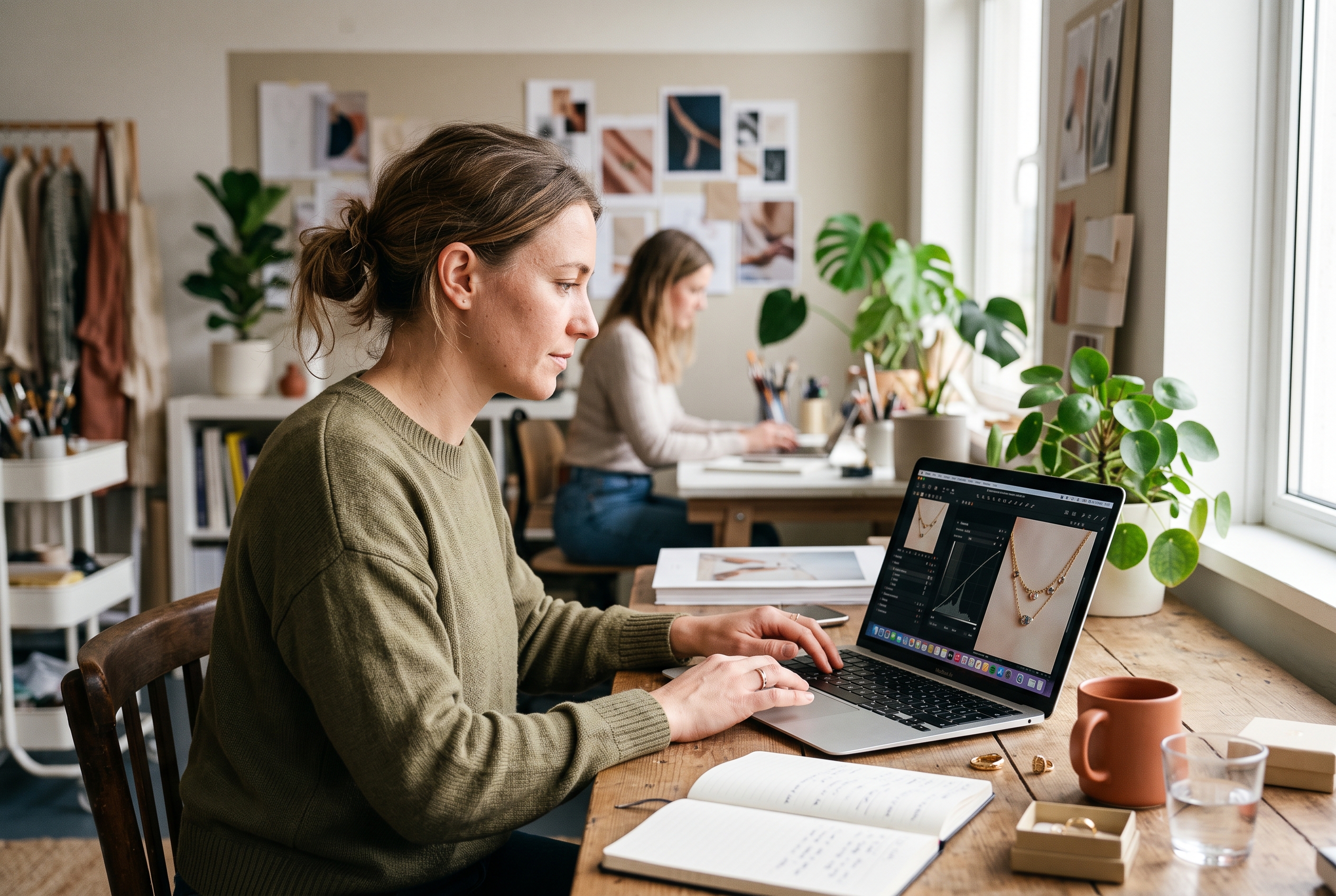 Designer editing close-up jewelry photos on a laptop in a bright studio with color-corrected images on screen