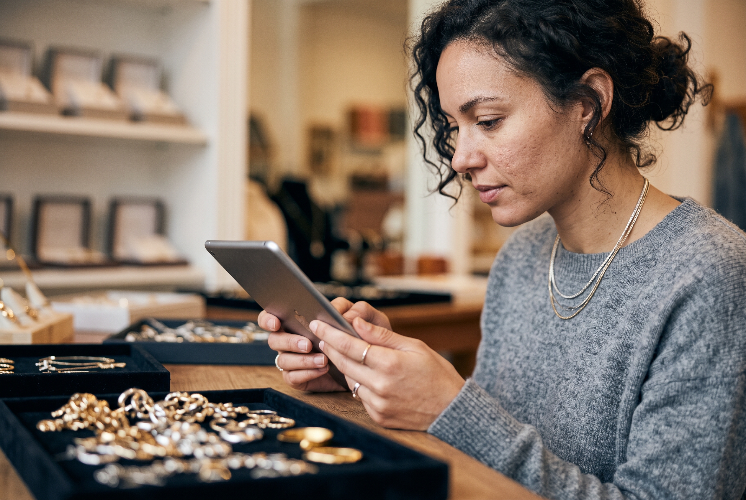 Small business owner reviewing her jewelry store product pages on a tablet at a shop counter with display trays nearby
