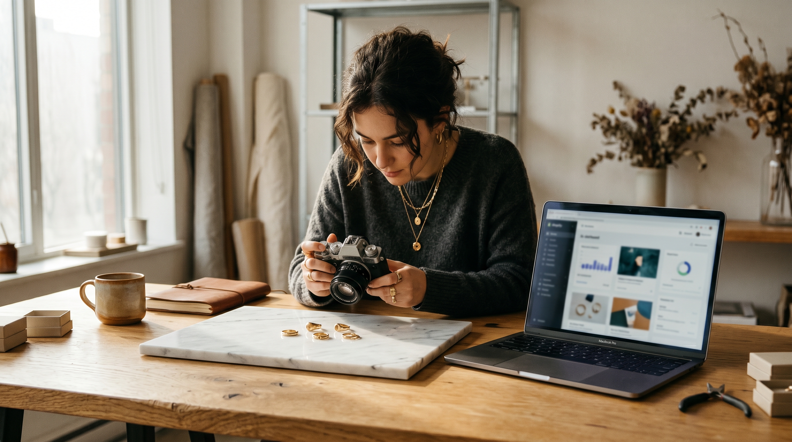 Jewelry designer photographing gold rings on a marble surface beside a laptop showing her online store