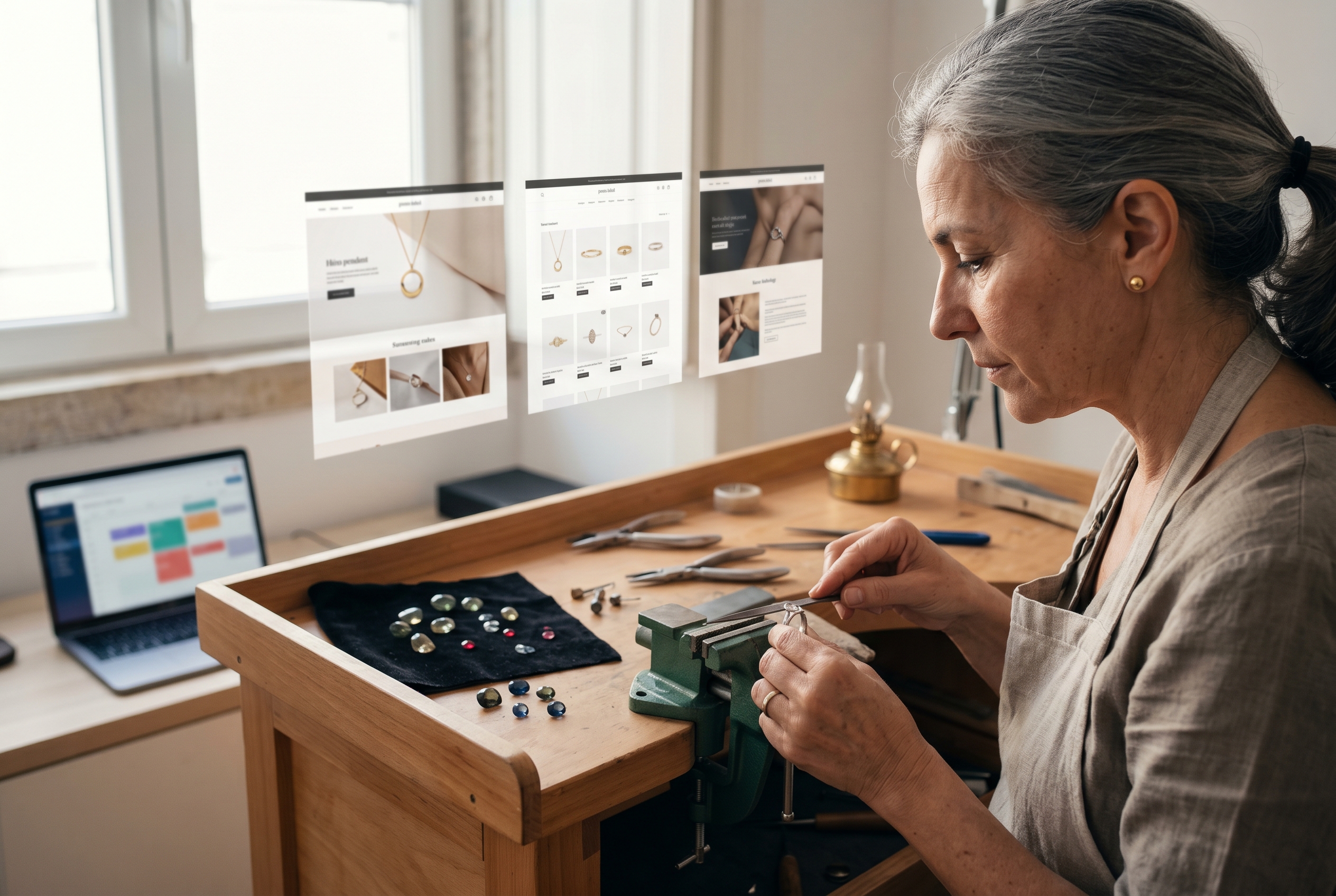 Three storefront mockups floating above a workbench with jeweler's tools and gemstones scattered nearby