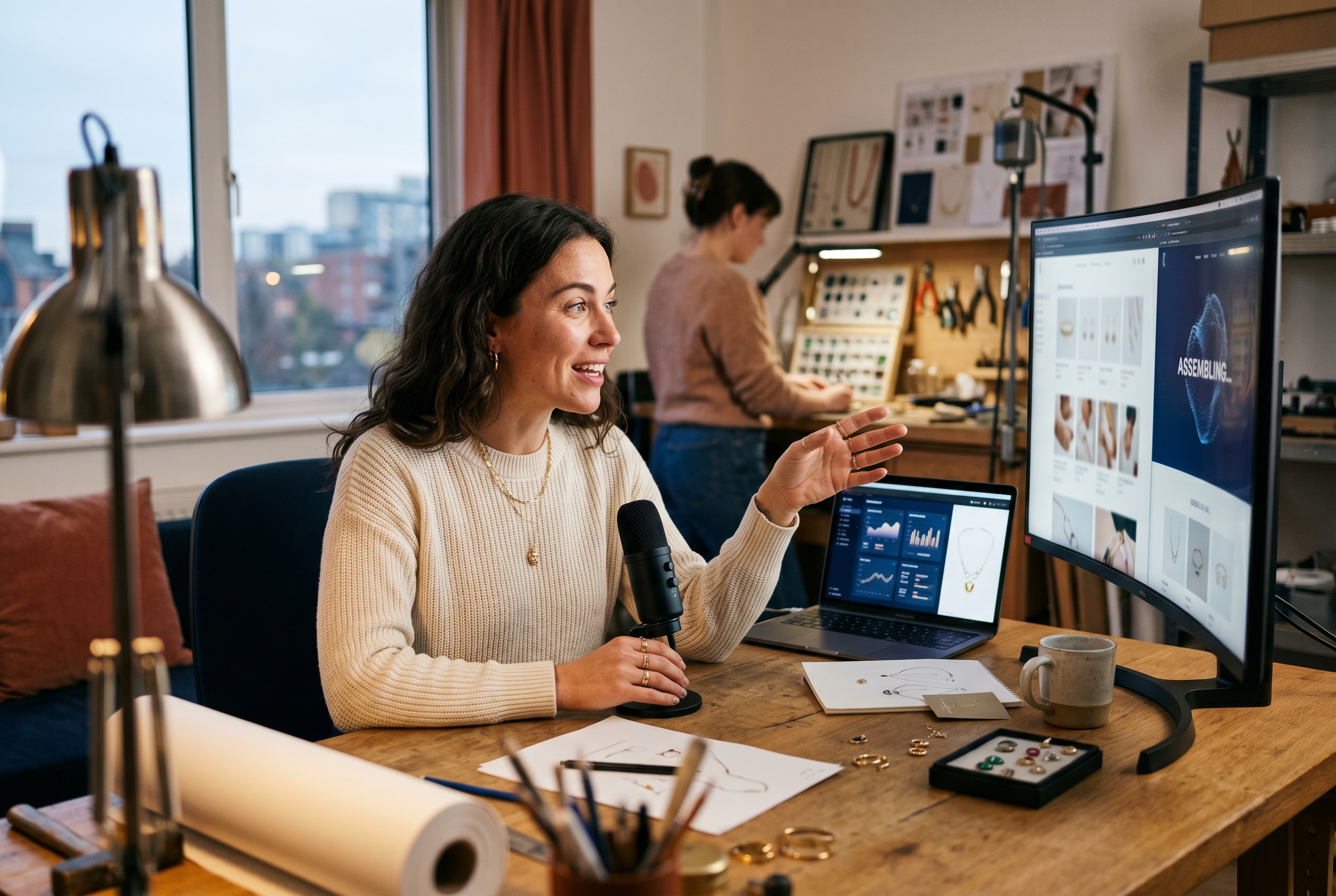 Founder describing her jewelry brand to a glowing screen as a complete online boutique assembles itself in real time