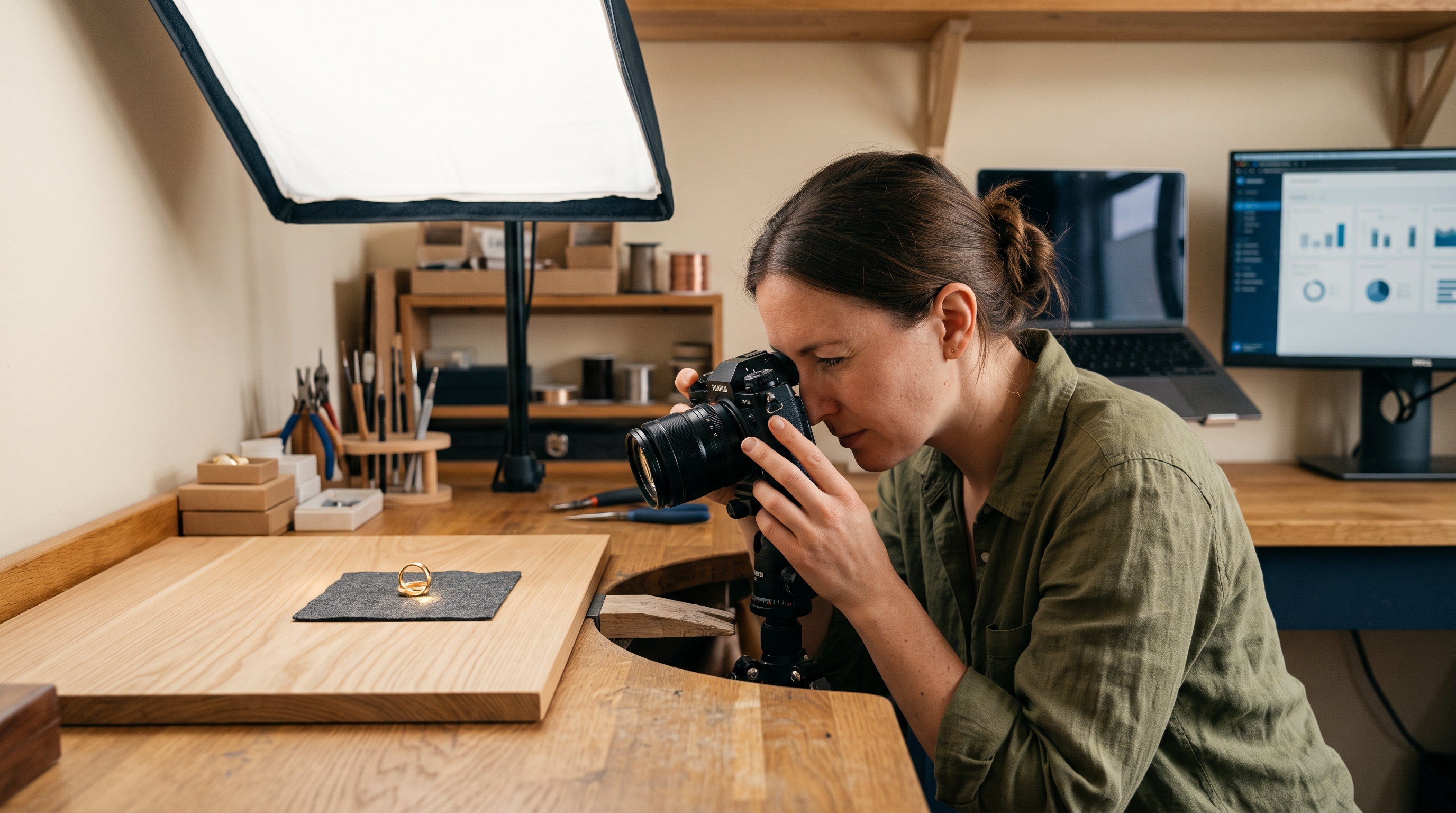 Jewelry maker photographing a gold ring on a wooden table under a softbox light in a small studio