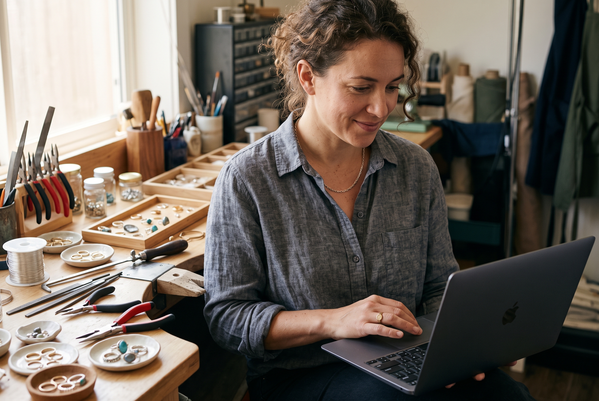 Small business owner reviewing product variants and inventory on a laptop at a jewelry workbench with tools and rings nearby