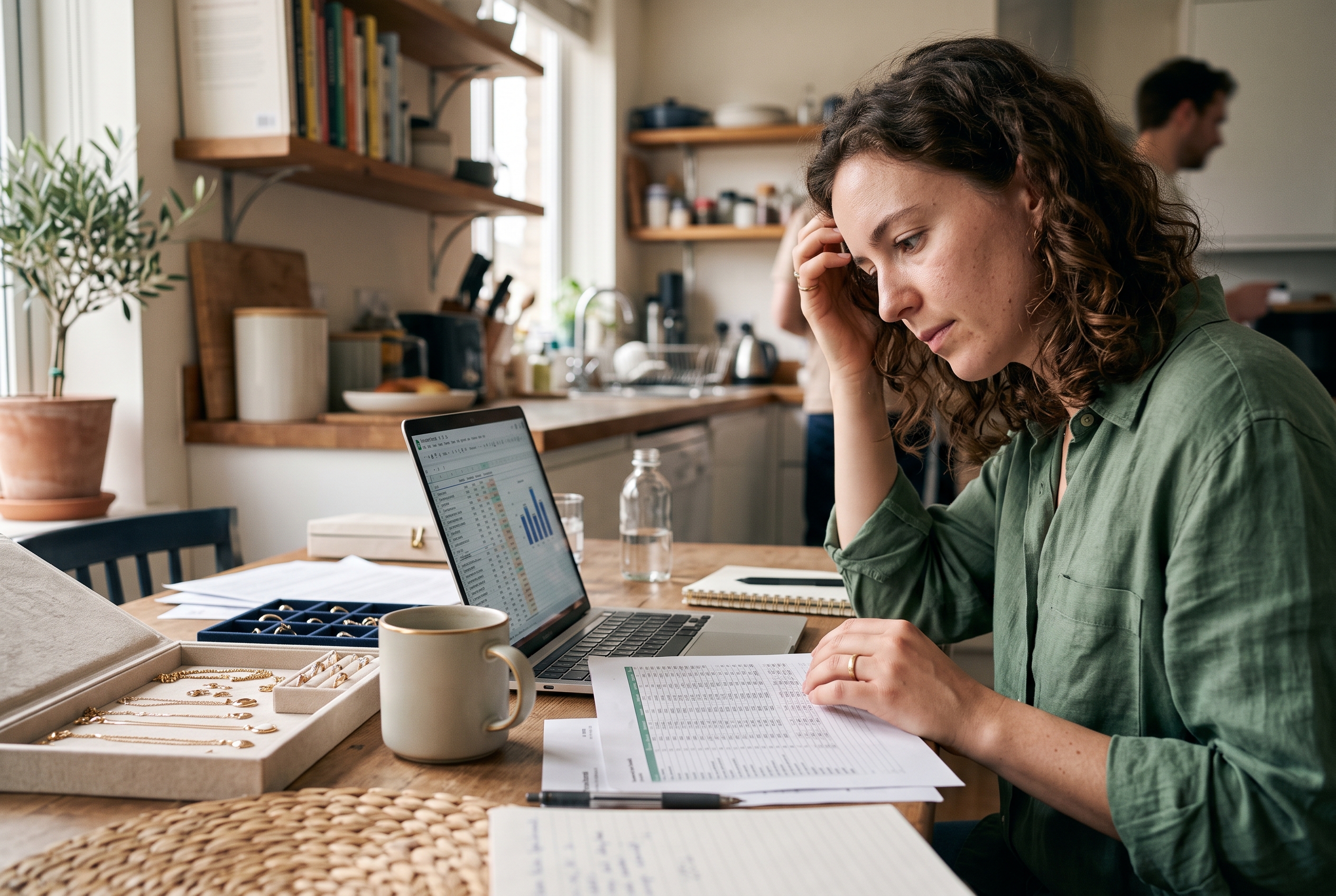 Founder comparing platform costs on a spreadsheet at a kitchen table with a coffee mug and jewelry samples spread out