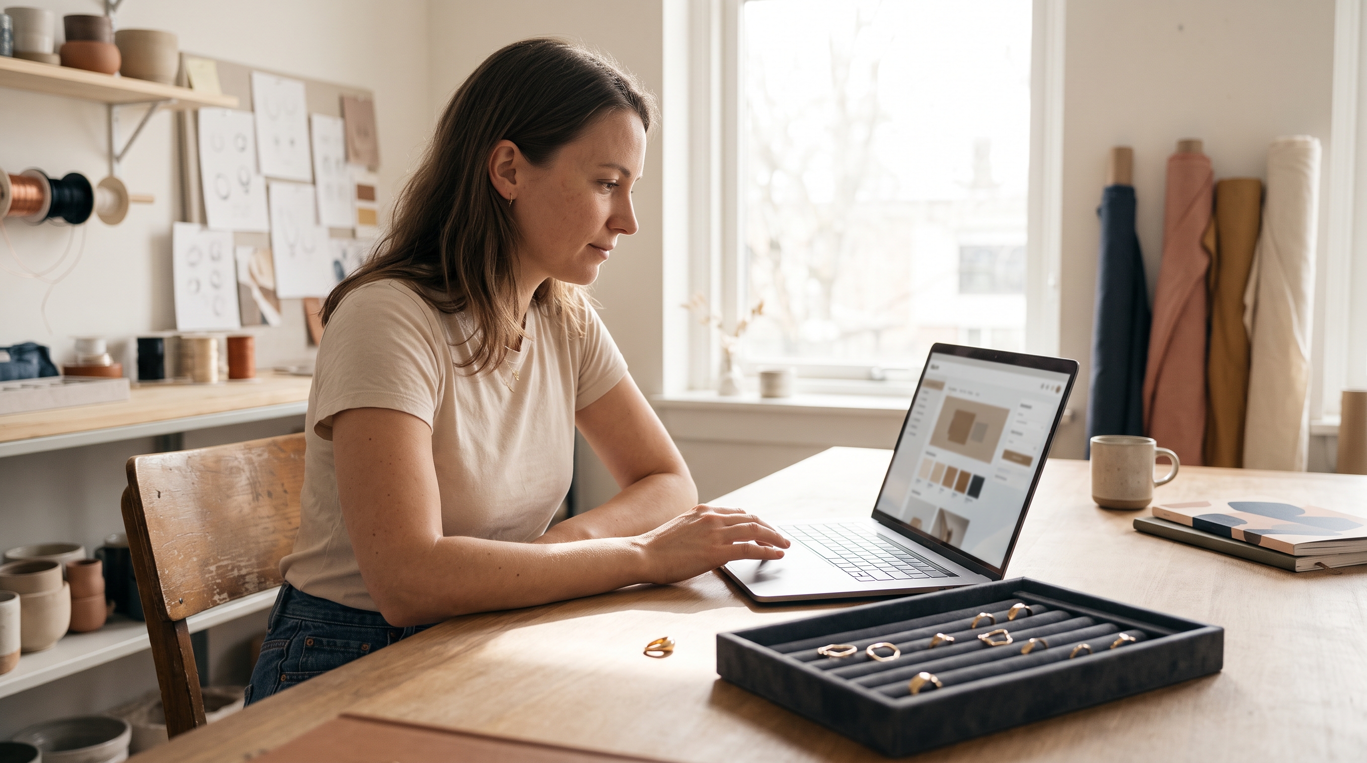 Jewelry designer reviewing her new online store on a laptop beside a velvet tray of gold rings in a bright studio