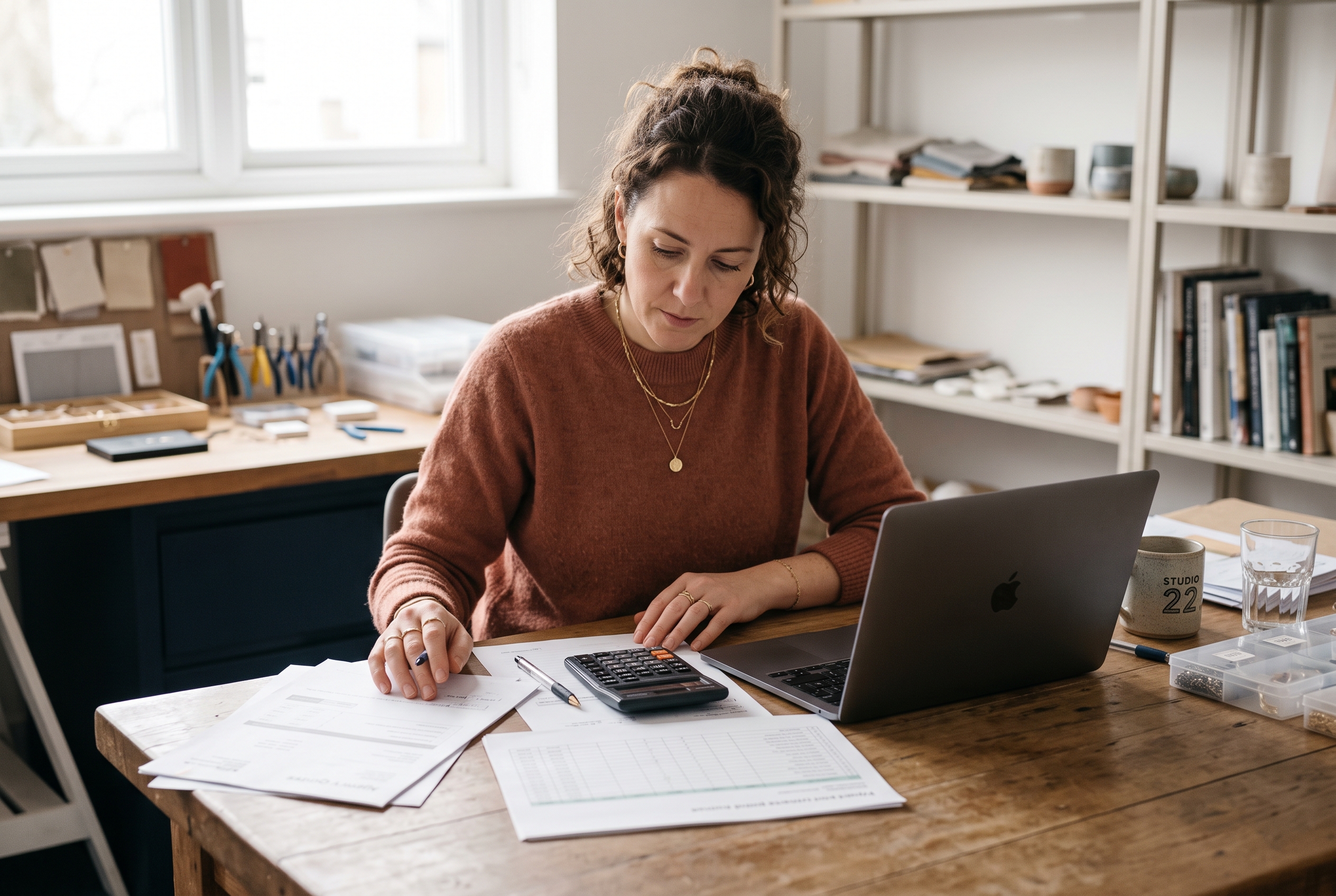 Small jewelry brand owner comparing agency quotes and a budget spreadsheet at a wooden desk with a calculator