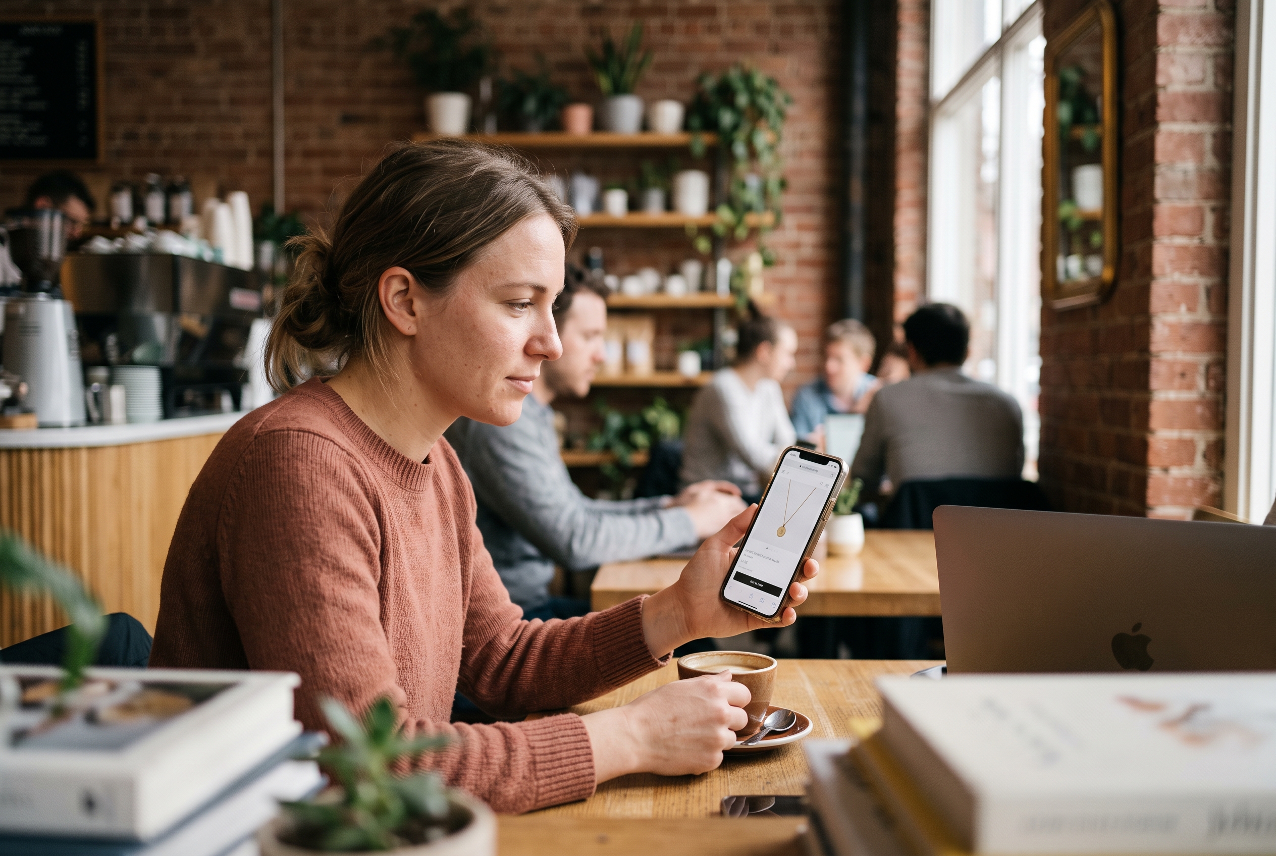 Shopper browsing a pendant necklace product page on her phone while sitting in a cafe with coffee