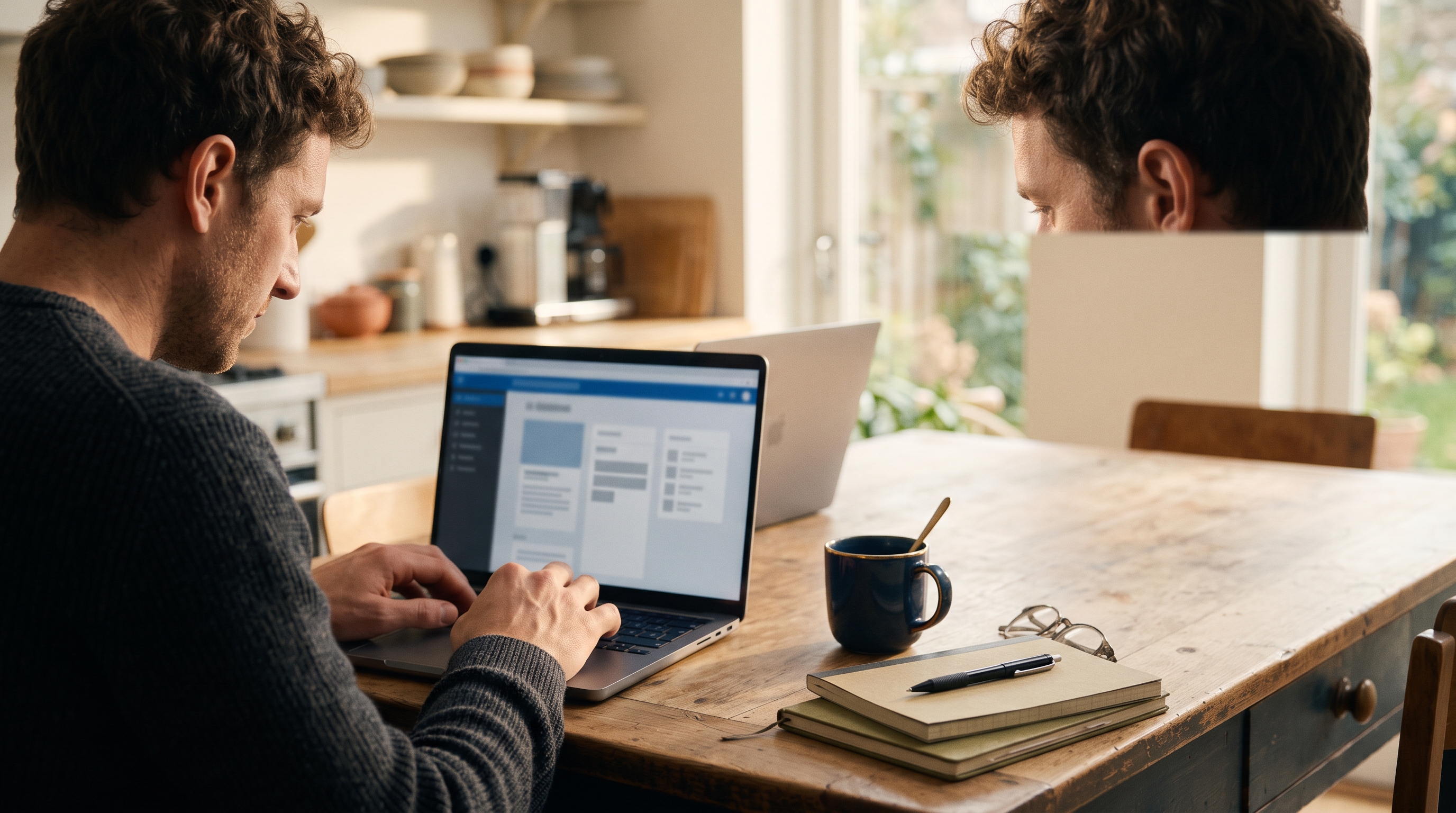 Founder typing a prompt into an AI builder on a laptop at a kitchen table with coffee and notebooks nearby