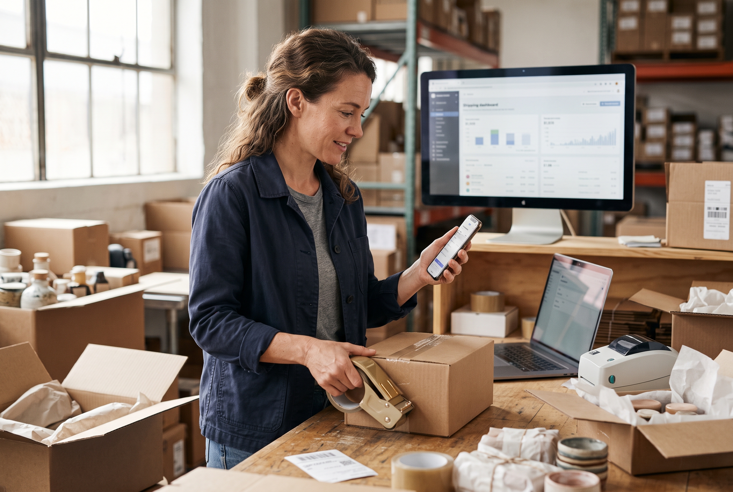 Small business owner packing orders into shipping boxes at a warehouse workbench while checking a phone