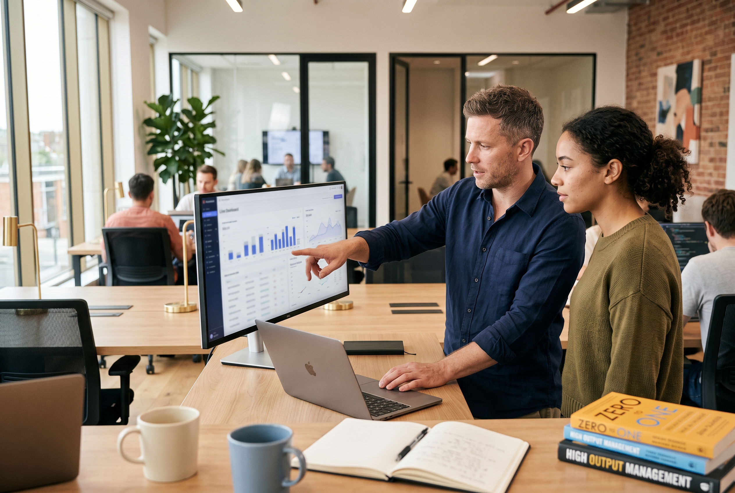 Two founders reviewing a live store dashboard together on a wide monitor in a bright modern office