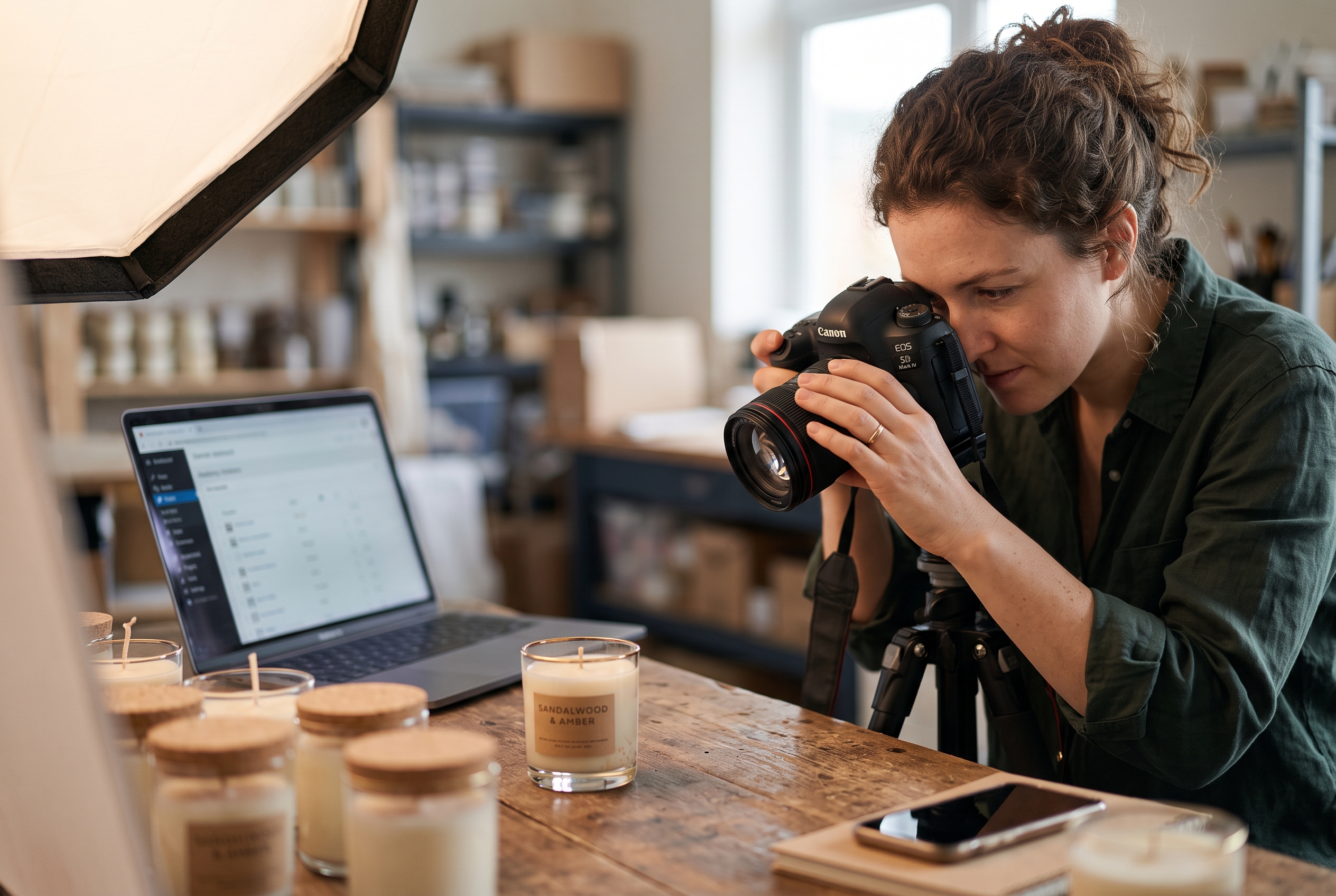 Entrepreneur photographing handmade candles on a wooden table under a softbox light before listing them online