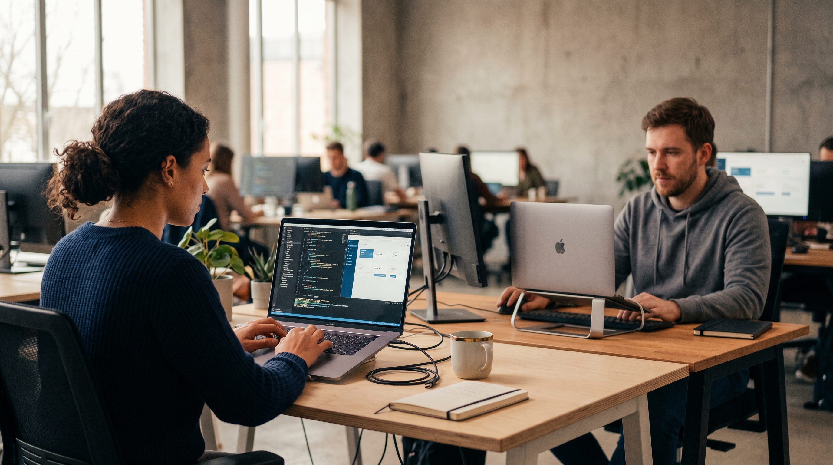 Two developers at separate desks each building a web application on glowing screens with code and design elements floating around them