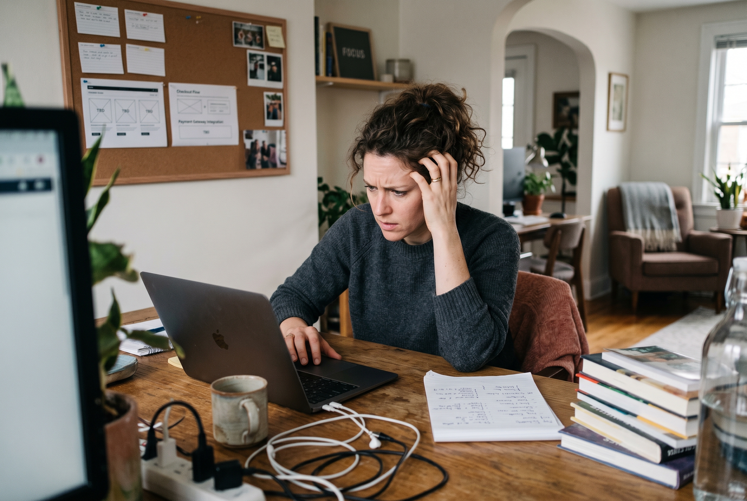 Frustrated entrepreneur staring at a laptop screen showing an incomplete online store with missing checkout and payment sections