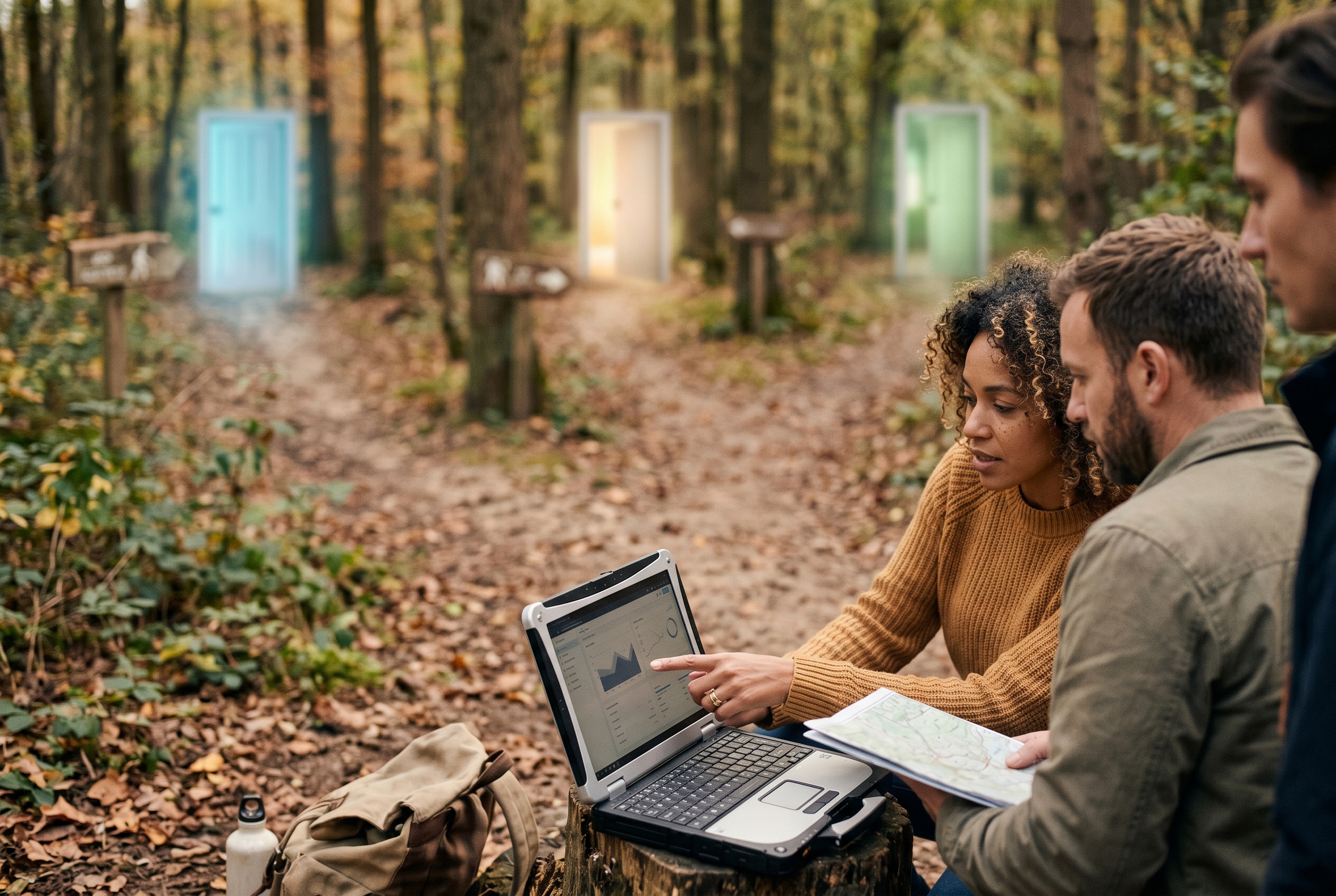 Three diverging paths in a forest each leading to a different glowing doorway representing different technology choices