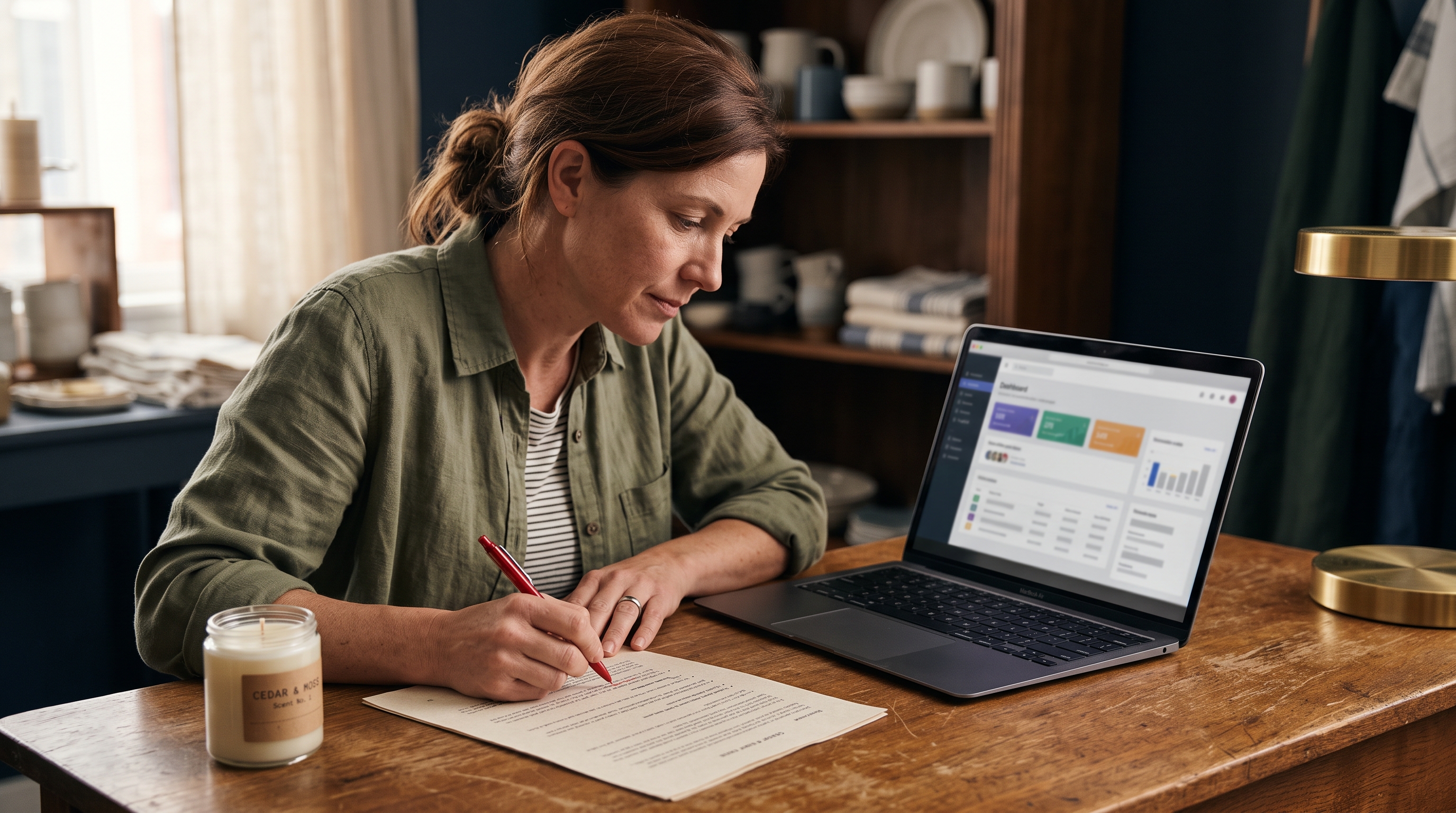 Store owner editing a printed product description with a red pen beside a laptop and a candle sample on a wooden desk