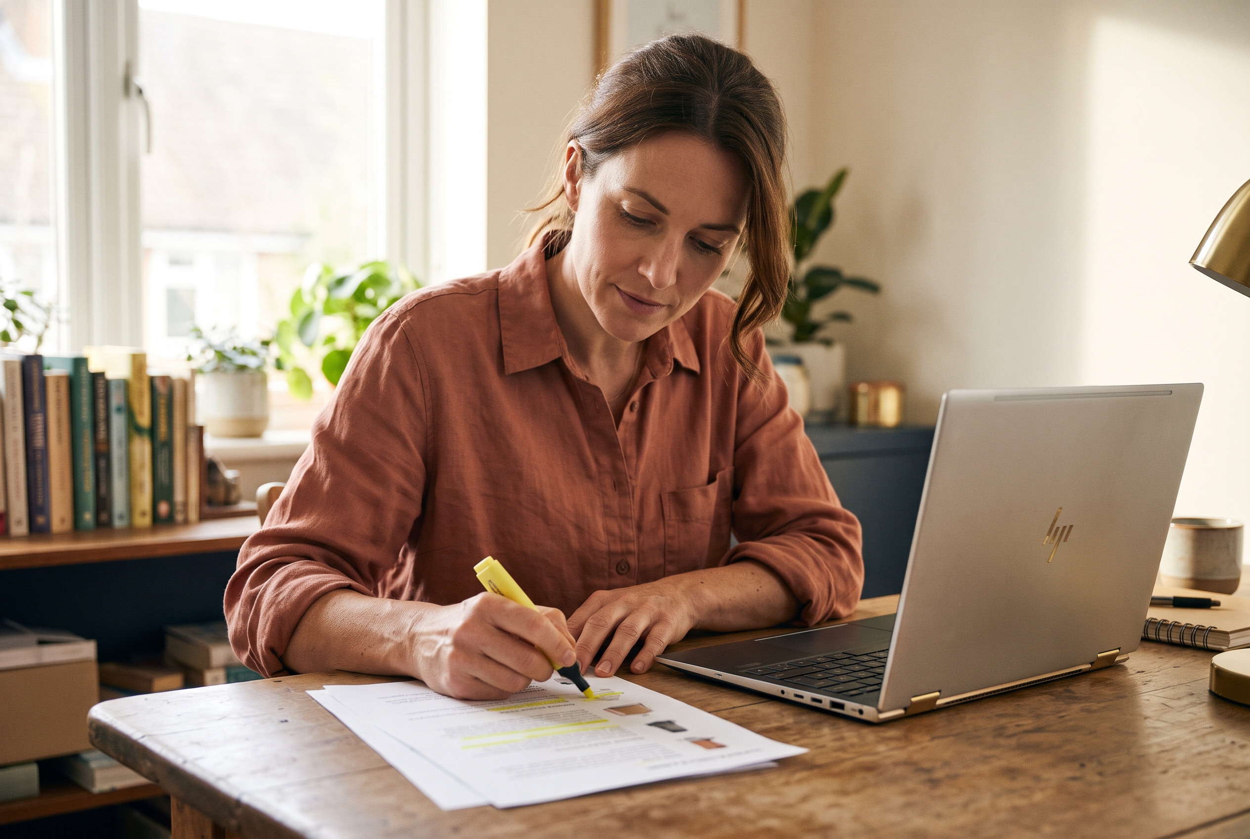 Merchant highlighting repetitive phrases on a printed product page with a yellow marker in a bright home office