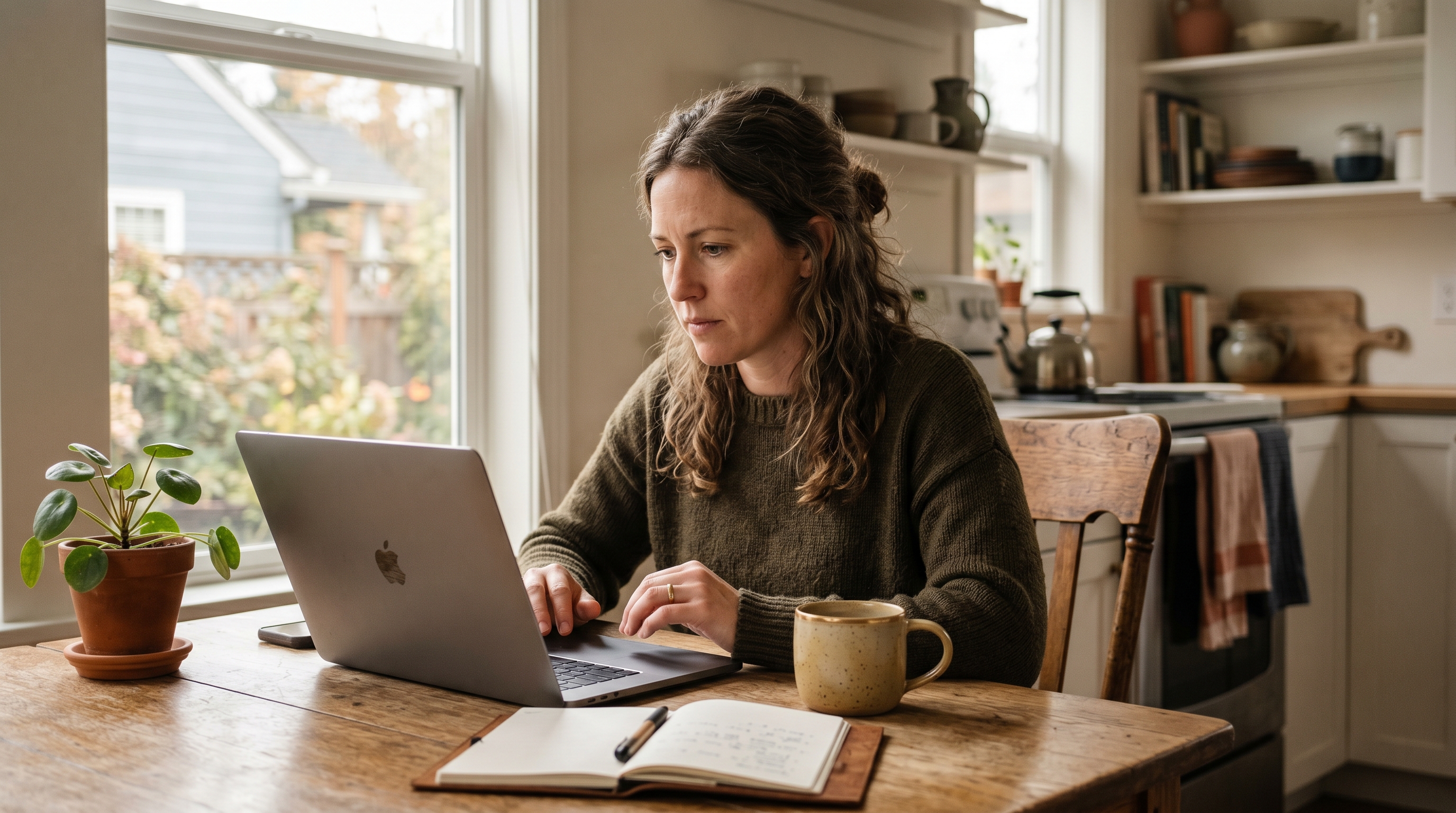 Small business owner sitting at a kitchen table comparing online store platforms on a laptop with a coffee mug