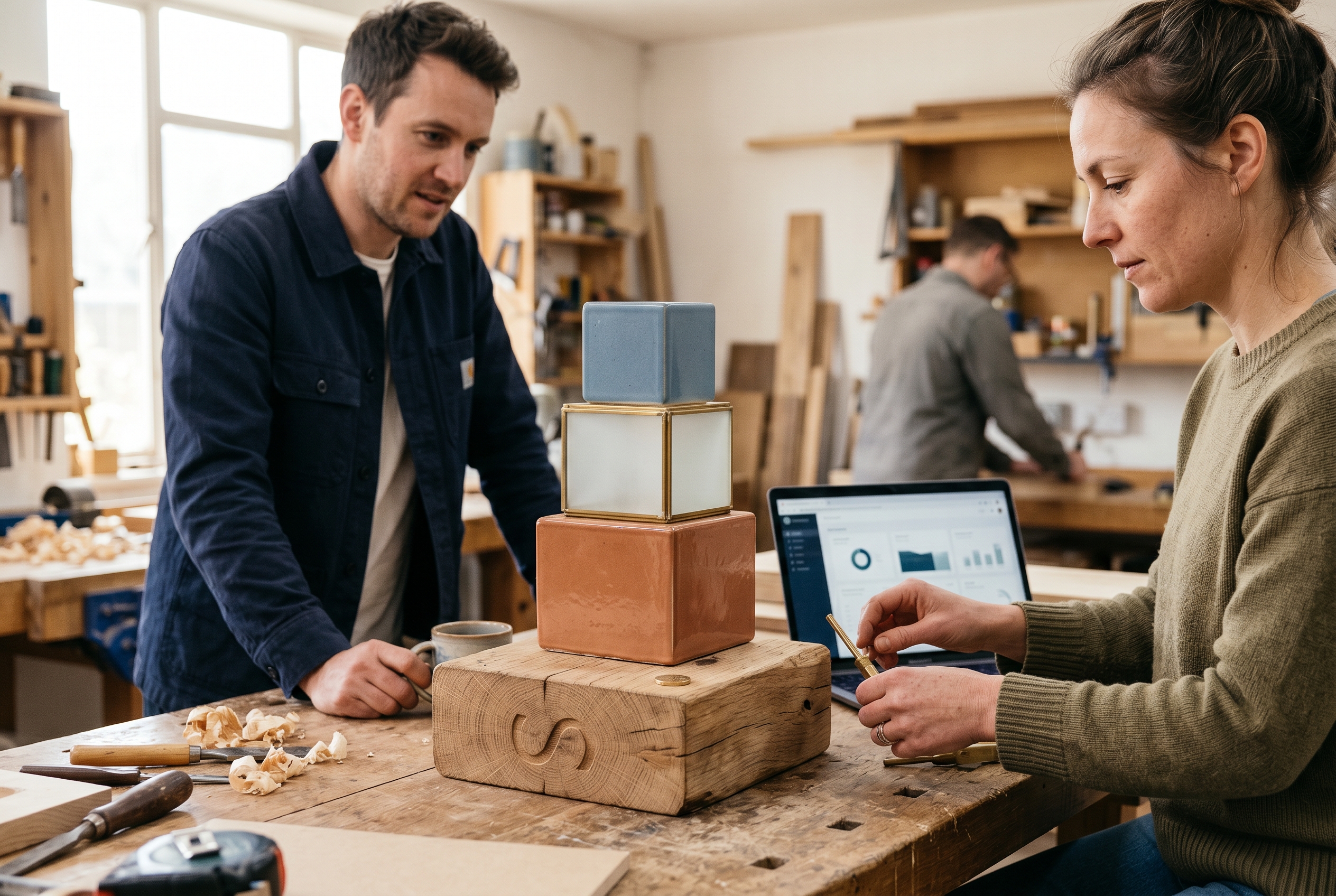 Four different store platforms shown as building blocks of different sizes stacked on a workshop bench