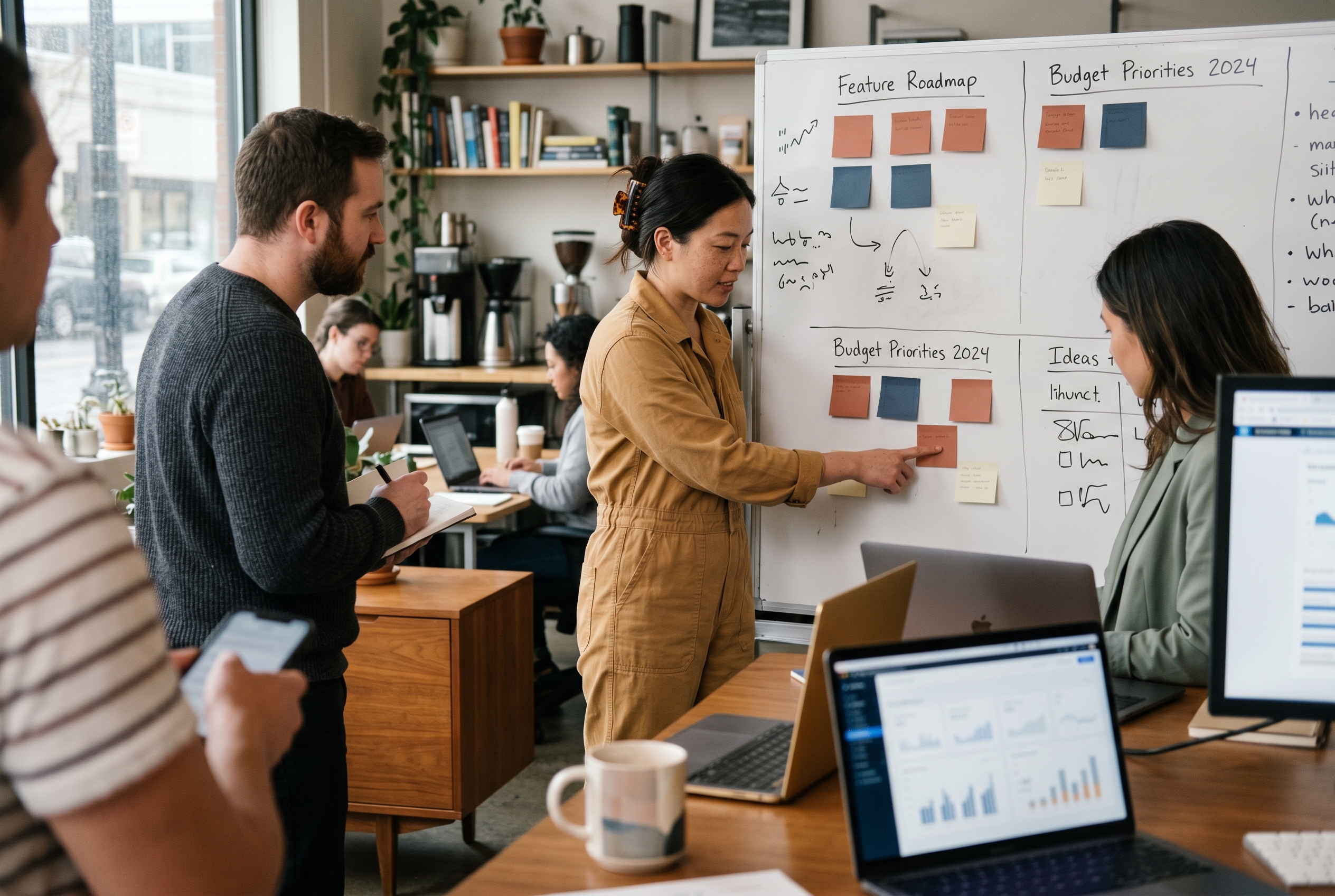Merchant pointing at a checklist on a whiteboard with sticky notes for features and budget priorities