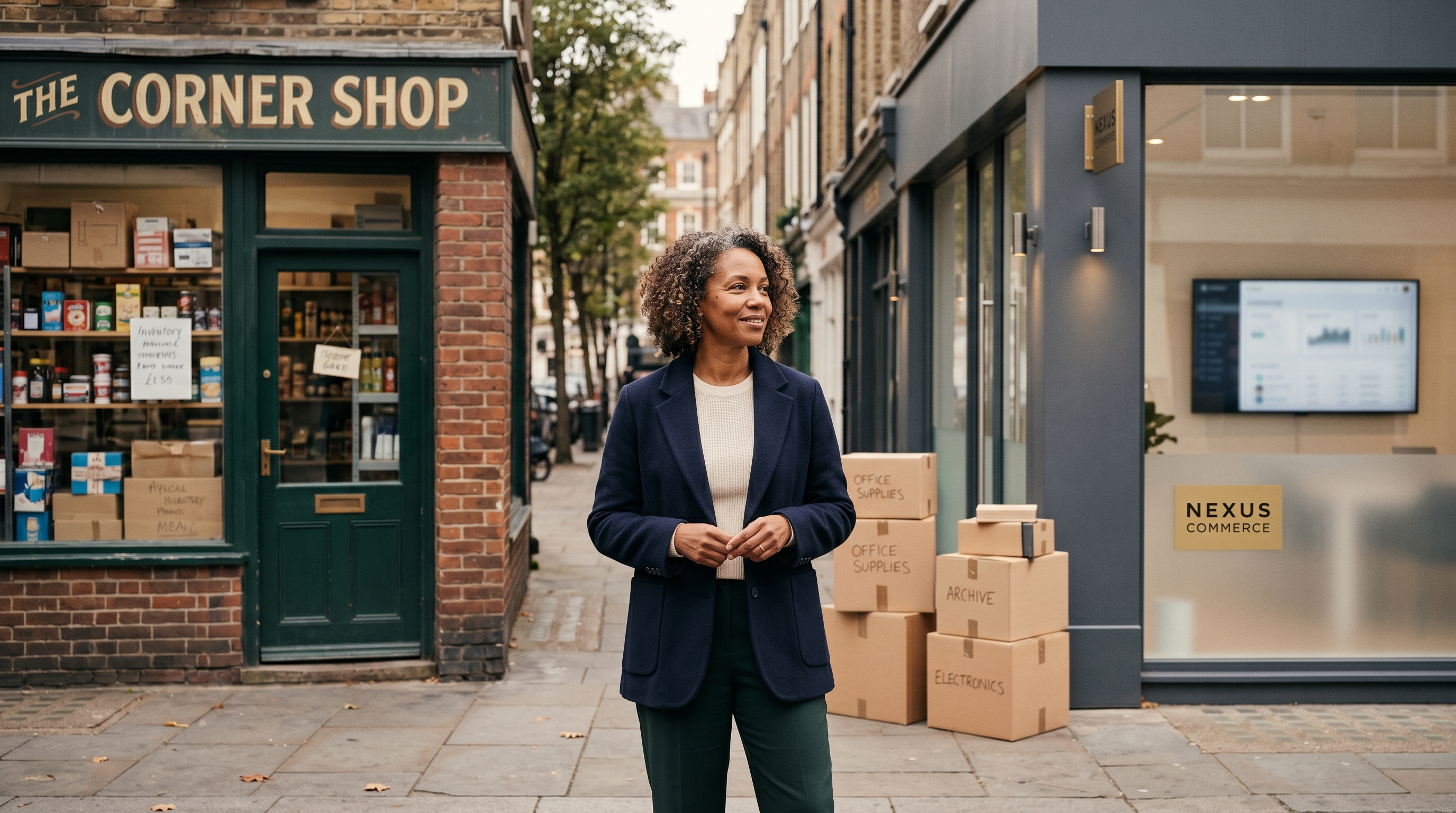 Business owner standing between two storefronts representing old and new e-commerce platforms with moving boxes