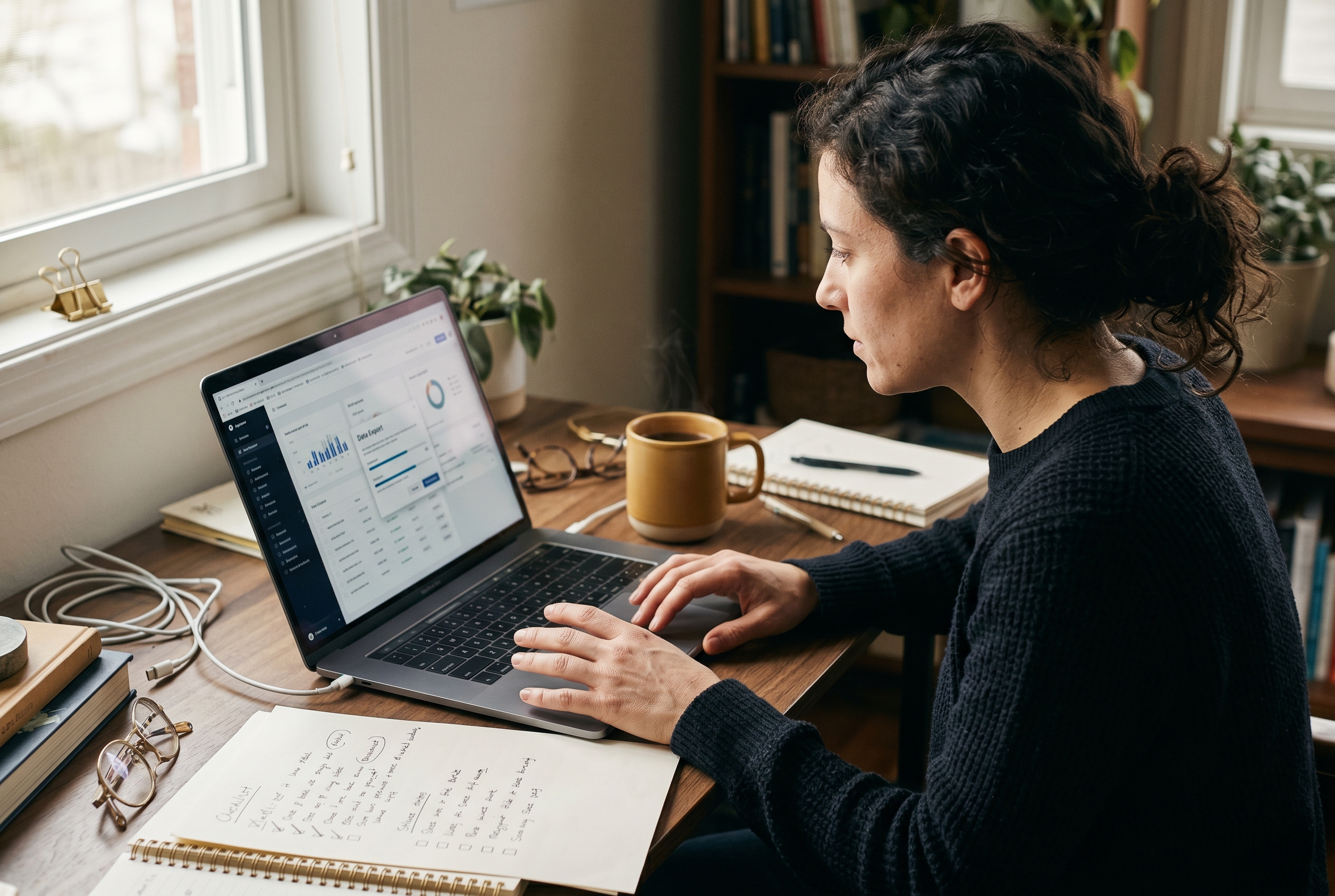 Person at a desk with checklists, laptop showing data export screen, and coffee preparing for store migration