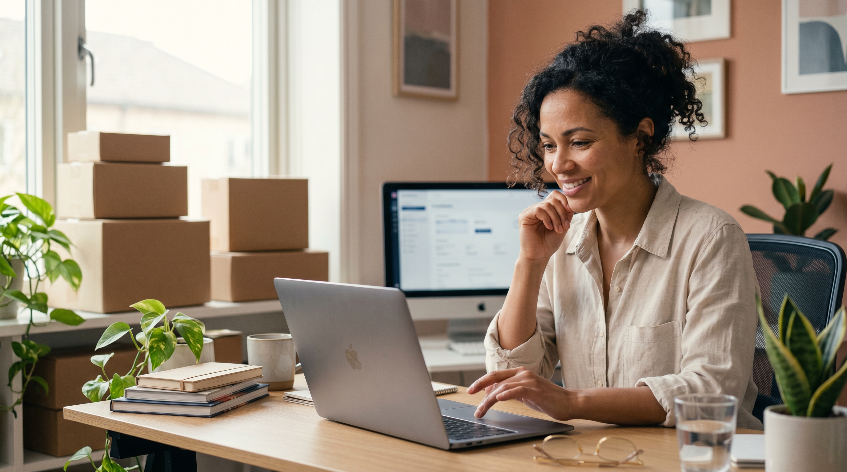 Small business owner reviewing her online store on a laptop at a tidy desk with shipping boxes stacked nearby