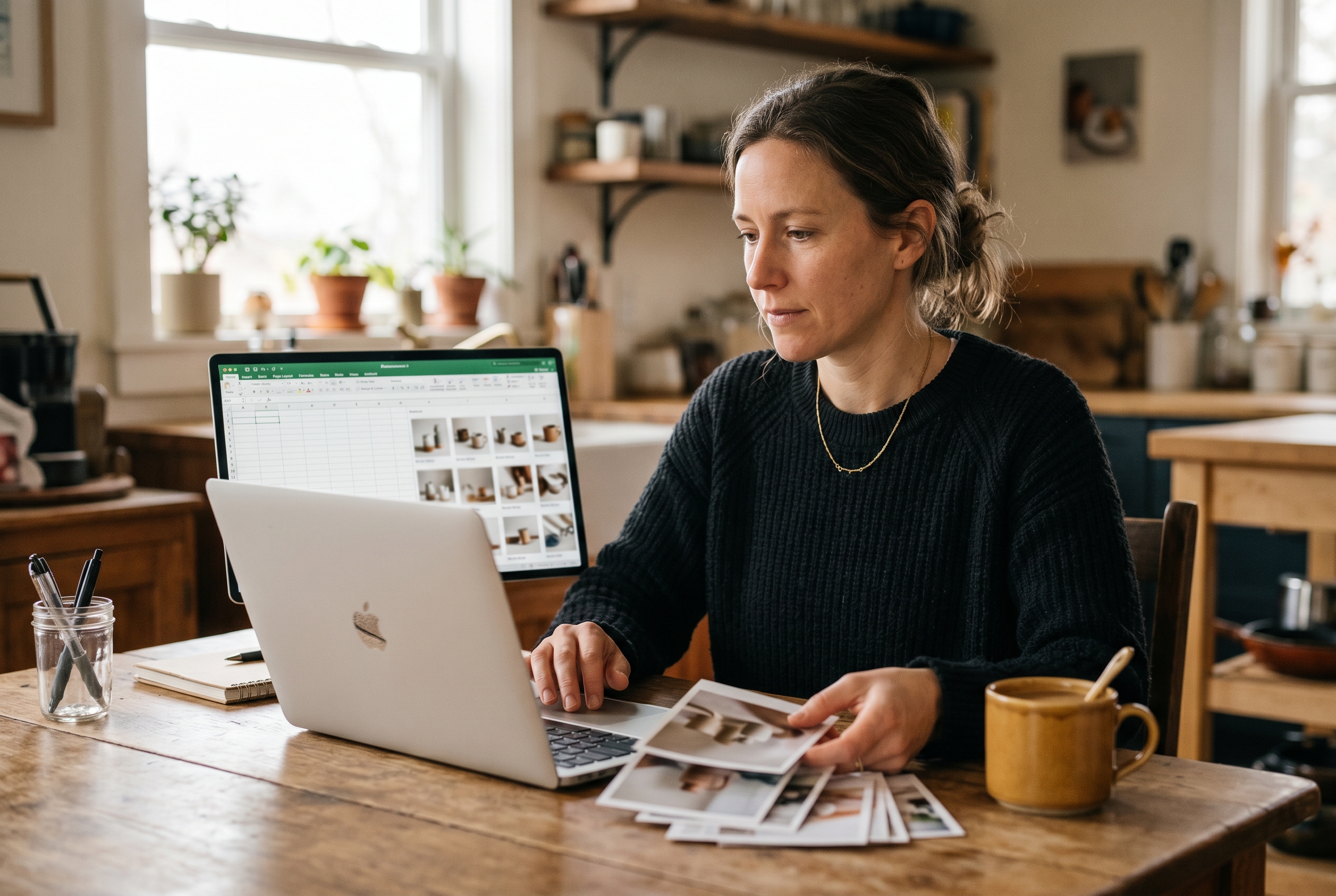 Founder at a kitchen table organizing product photos and a spreadsheet on a laptop with coffee beside it