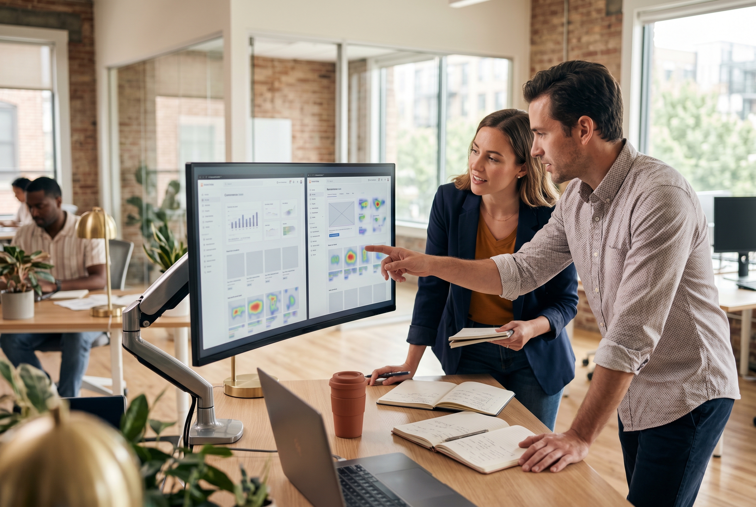 Two people comparing storefront layouts on a wide monitor in a bright office with notebooks open