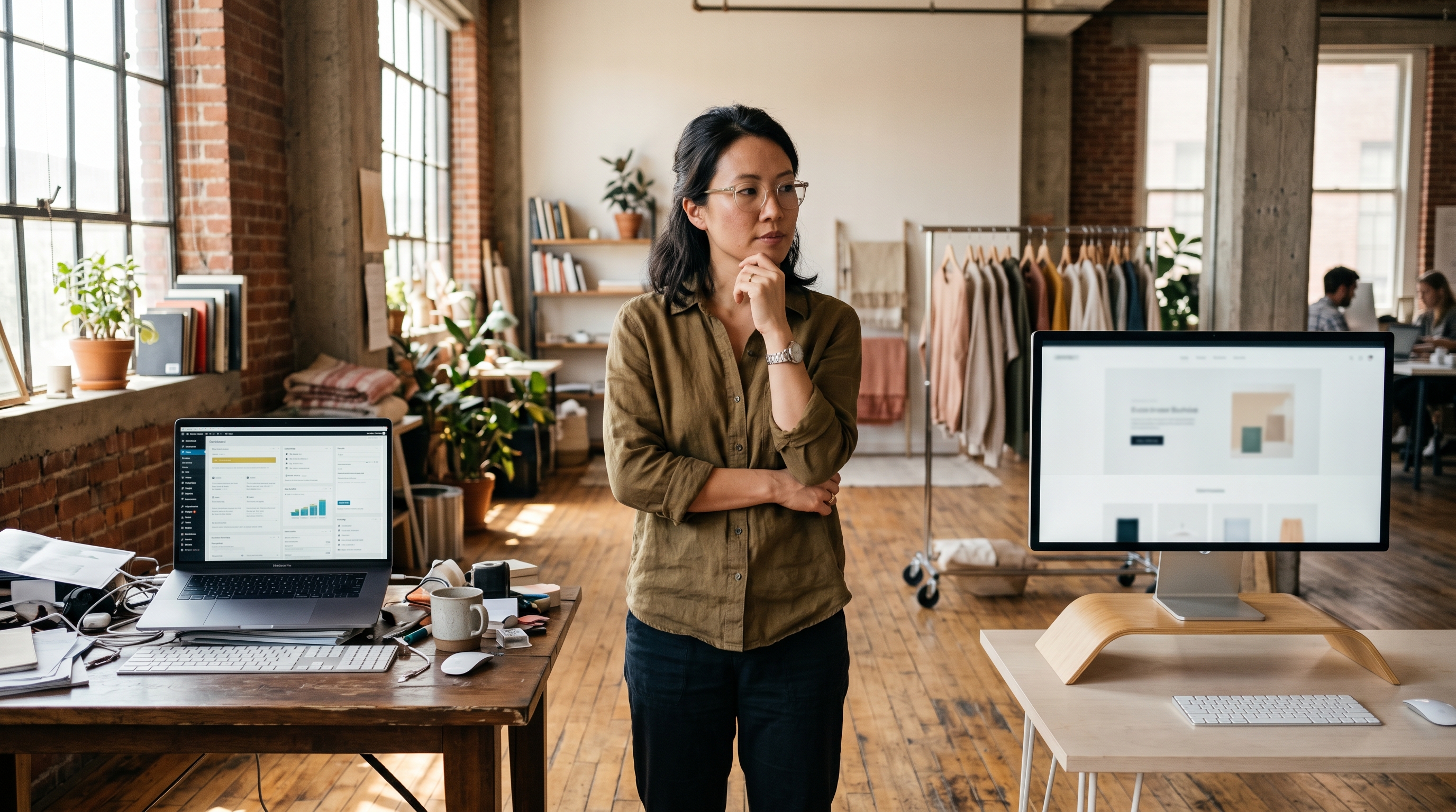 Small business owner standing at a crossroads between a cluttered WordPress dashboard and a clean modern store interface