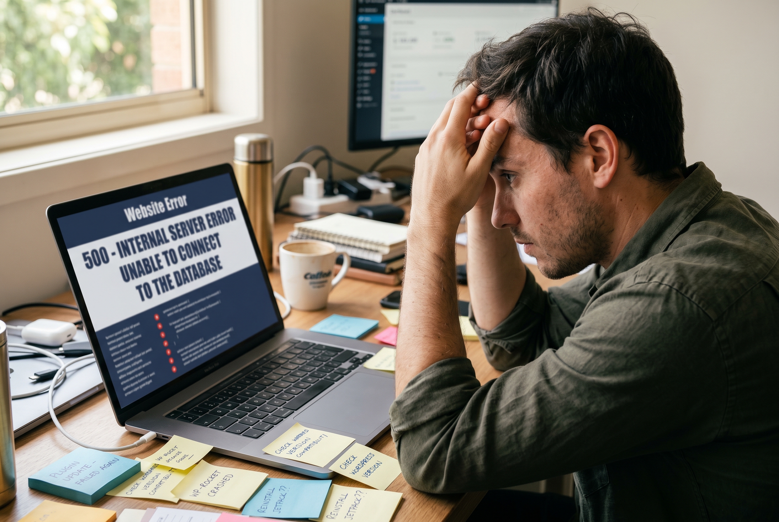 Frustrated founder staring at a laptop showing a website error message surrounded by sticky notes about plugin updates