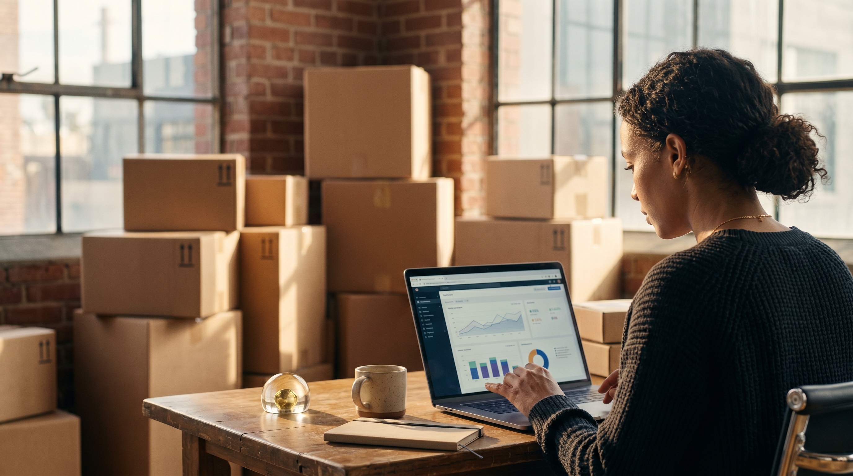 Founder reviewing store analytics on a laptop in a sunlit office with shipping boxes stacked behind her