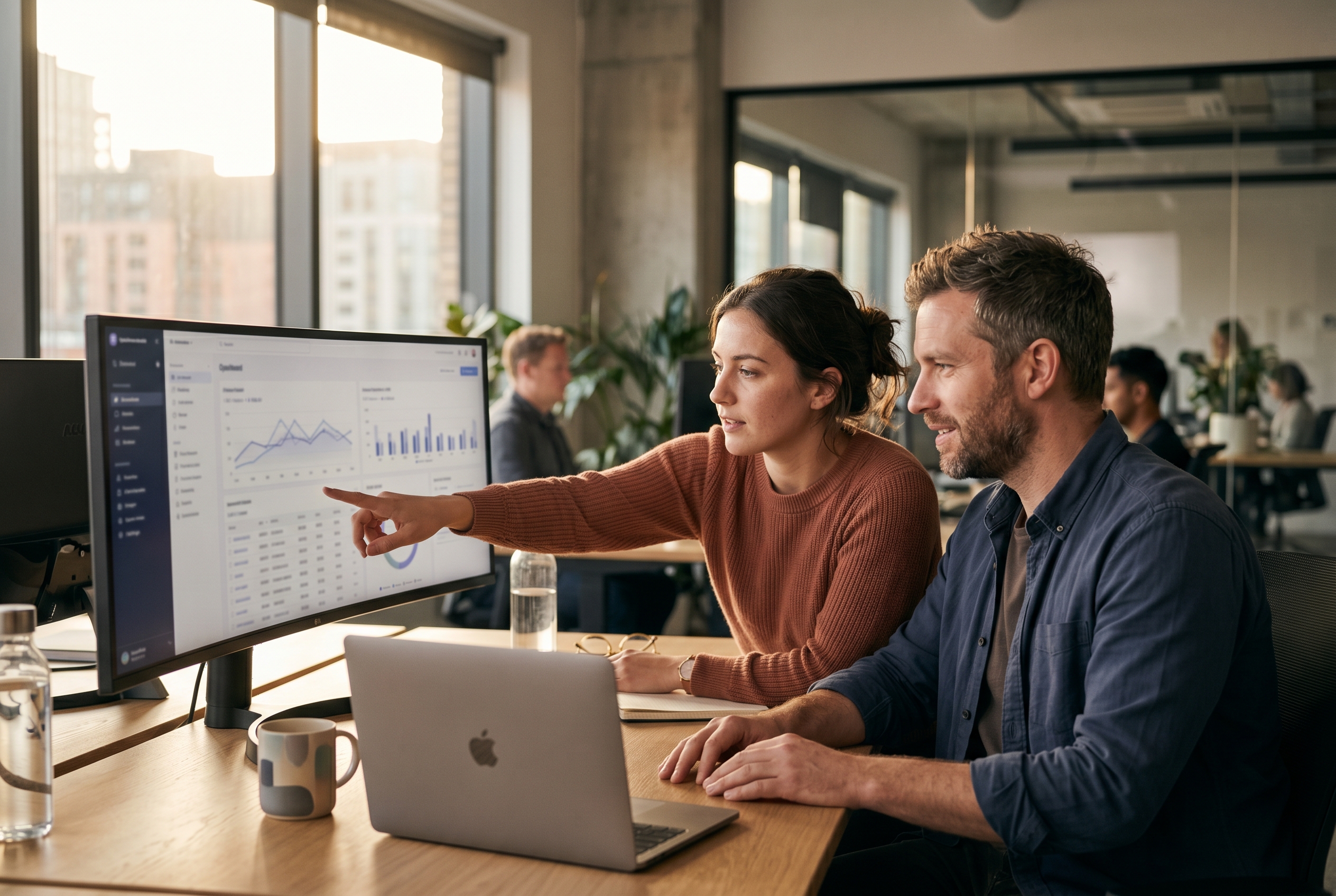 Two operations team members comparing product data on a wide monitor in a modern office at golden hour