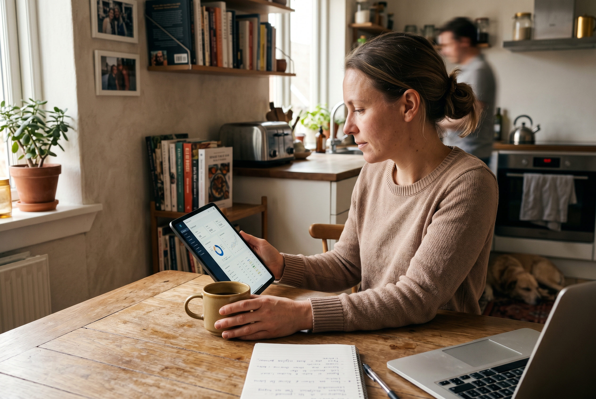 Small business owner reviewing a monthly cost spreadsheet on a tablet at a kitchen table with morning coffee