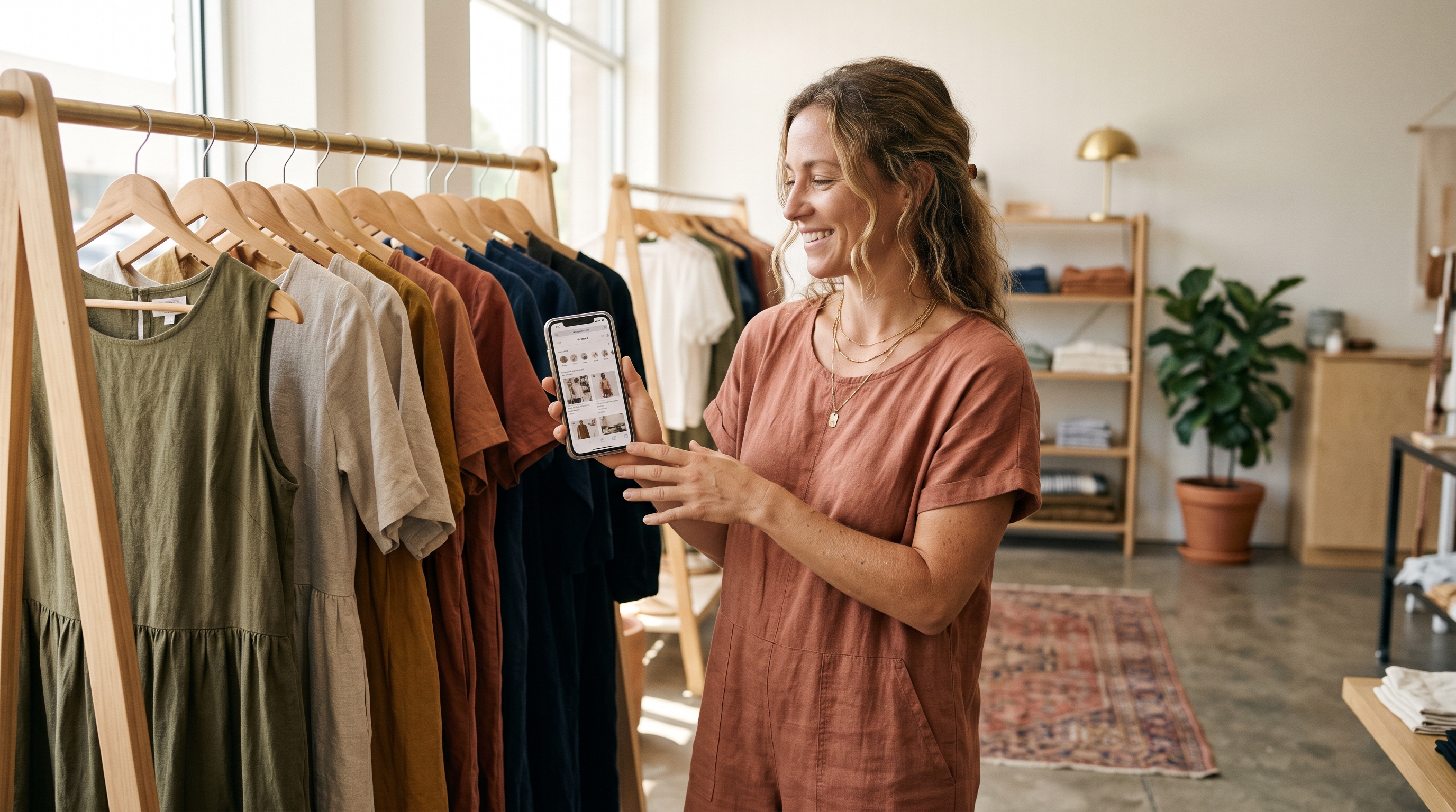 Boutique owner holding a smartphone showing her online store while standing beside a rack of dresses in a bright shop